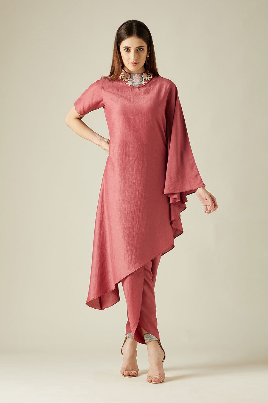 Pink Asymmetric Tunic and Dhoti Pant Co-ord Set