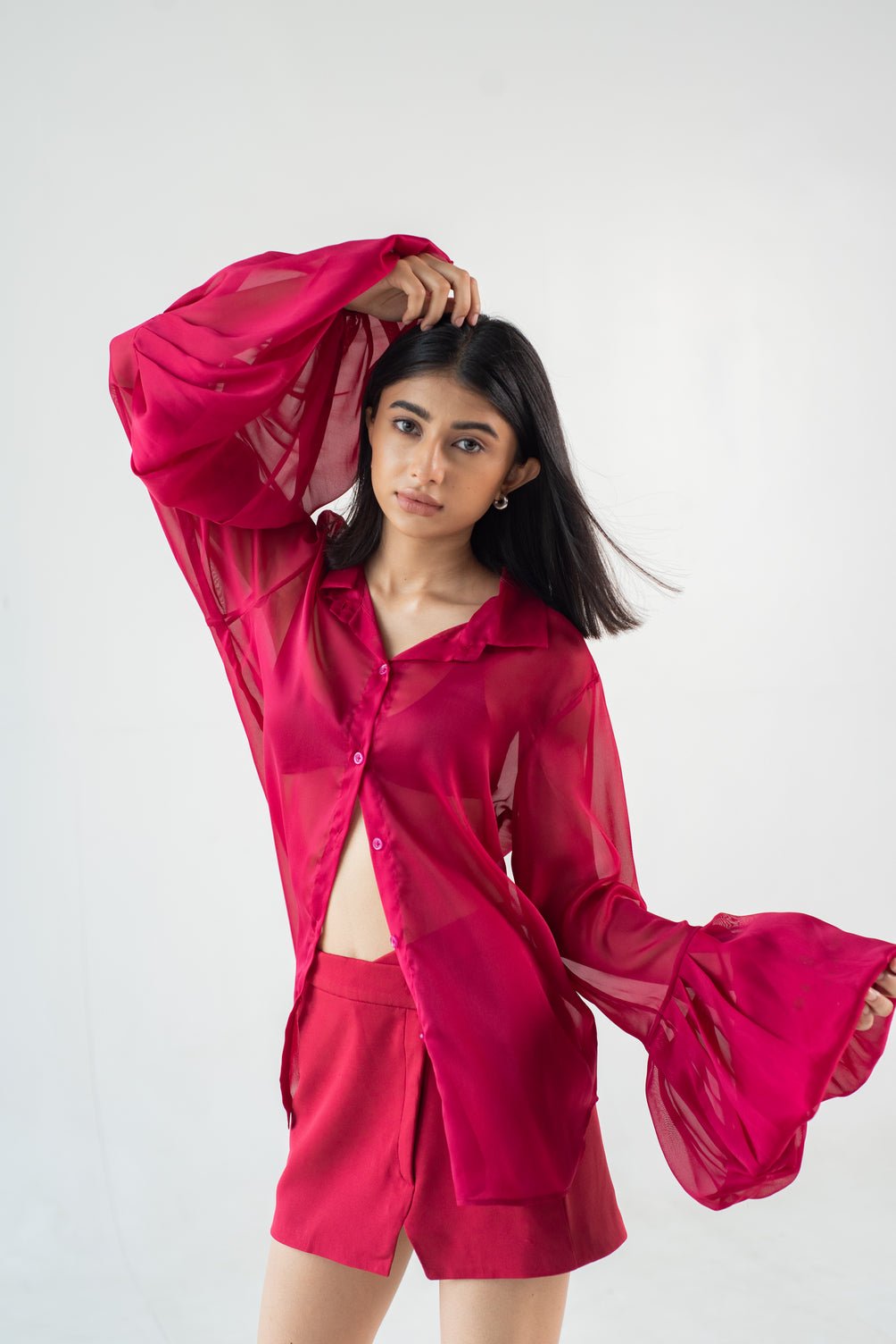 Raspberry Sheer Georgette Shirt with Voluminous Sleeves