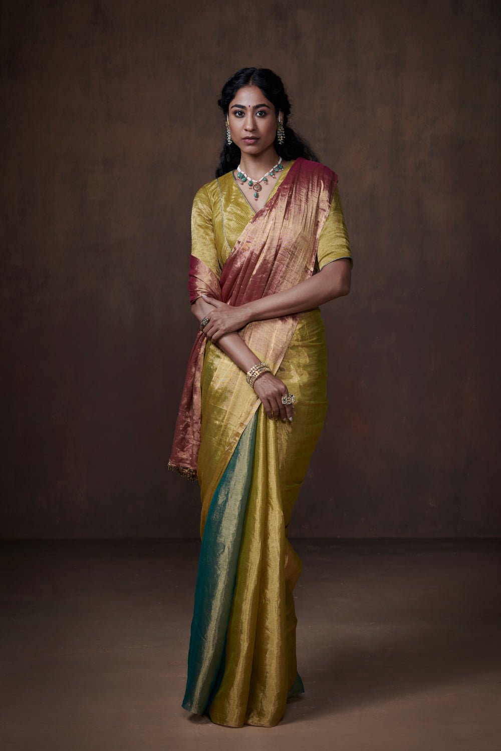 Teal Lime Rust Tissue Saree with Metallic Sheen