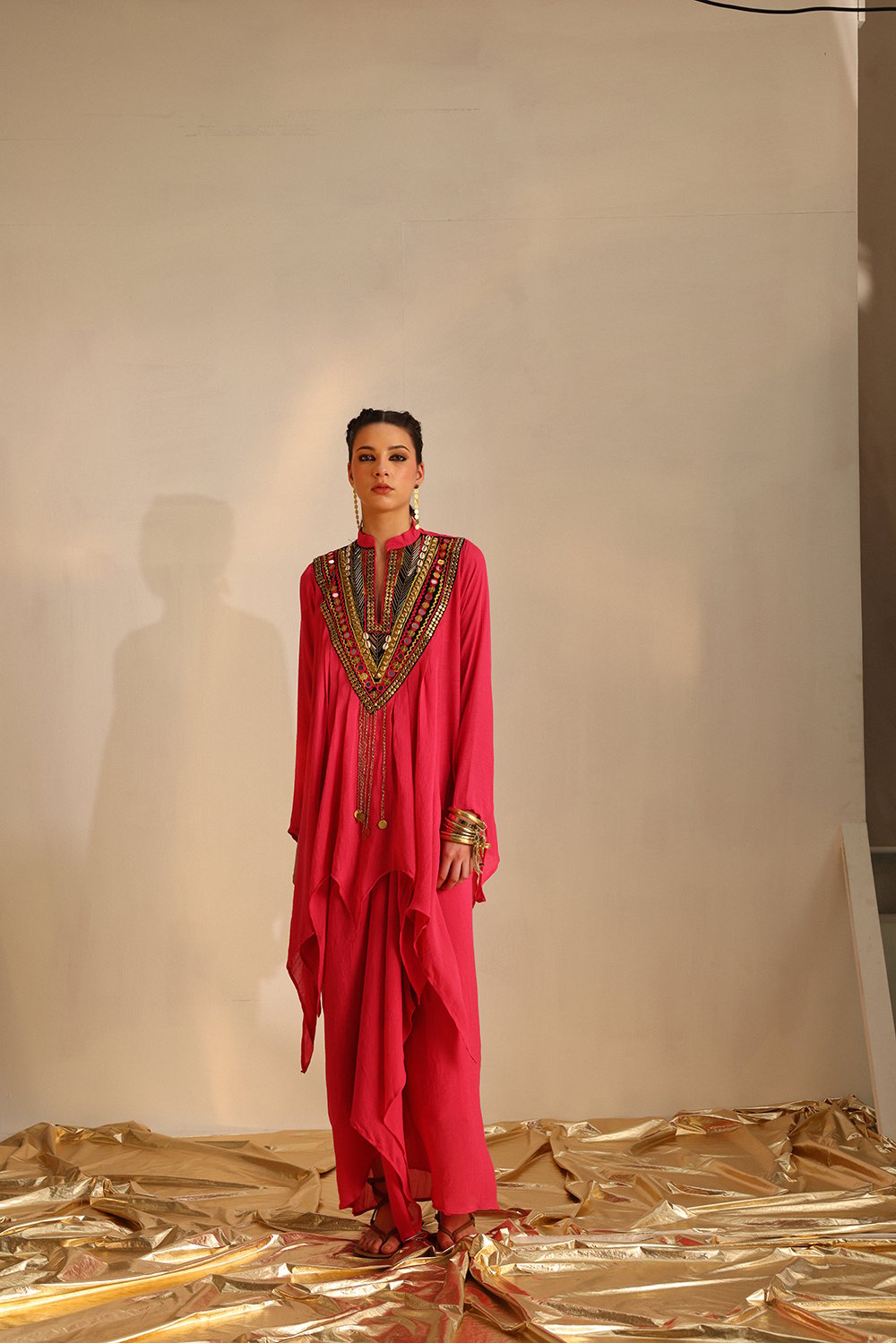 Hot Pink Embellished Yoke Top and Draped Skirt Co-ord Set