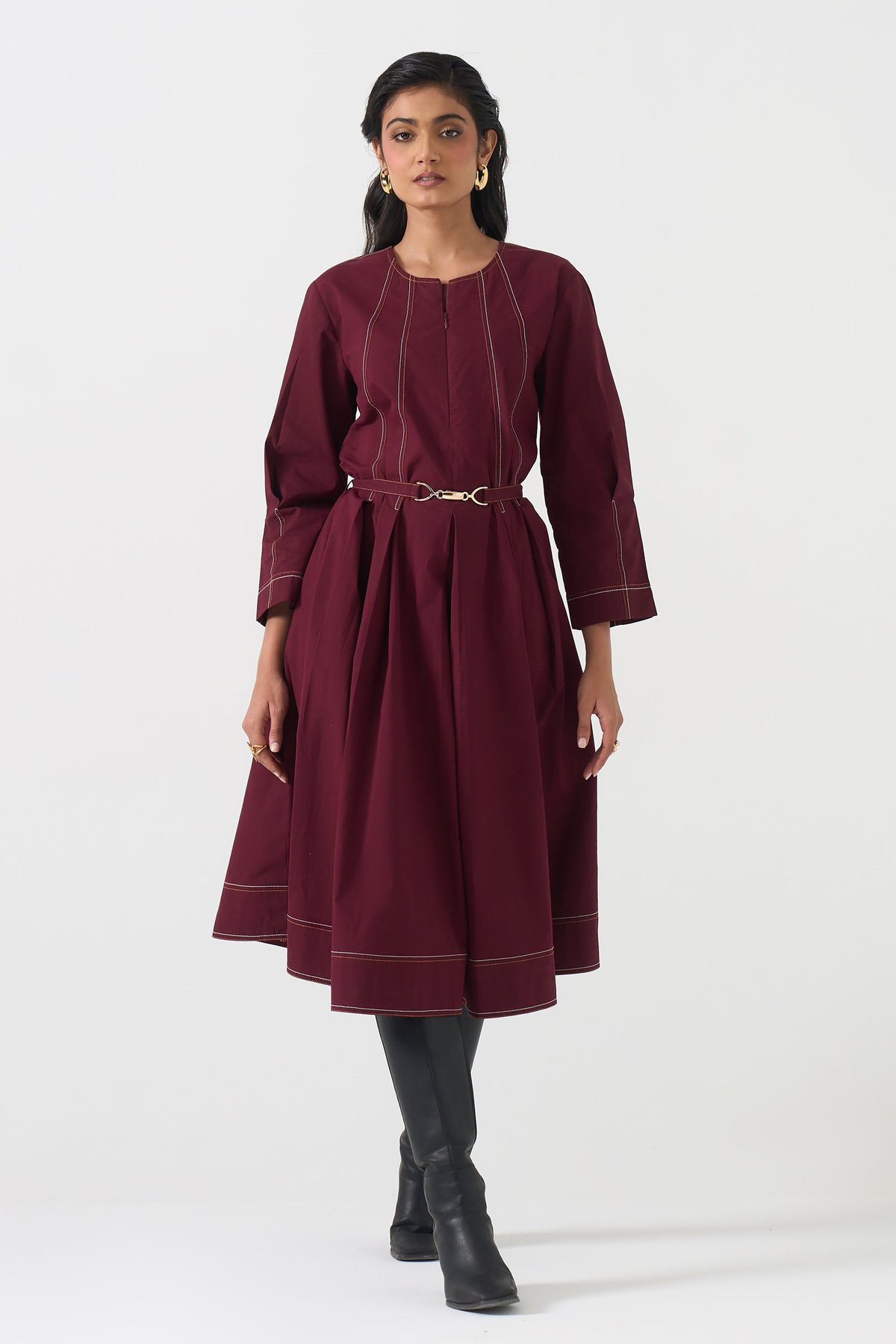 Wine Maroon Cotton Fit and Flare Midi Dress with Belt
