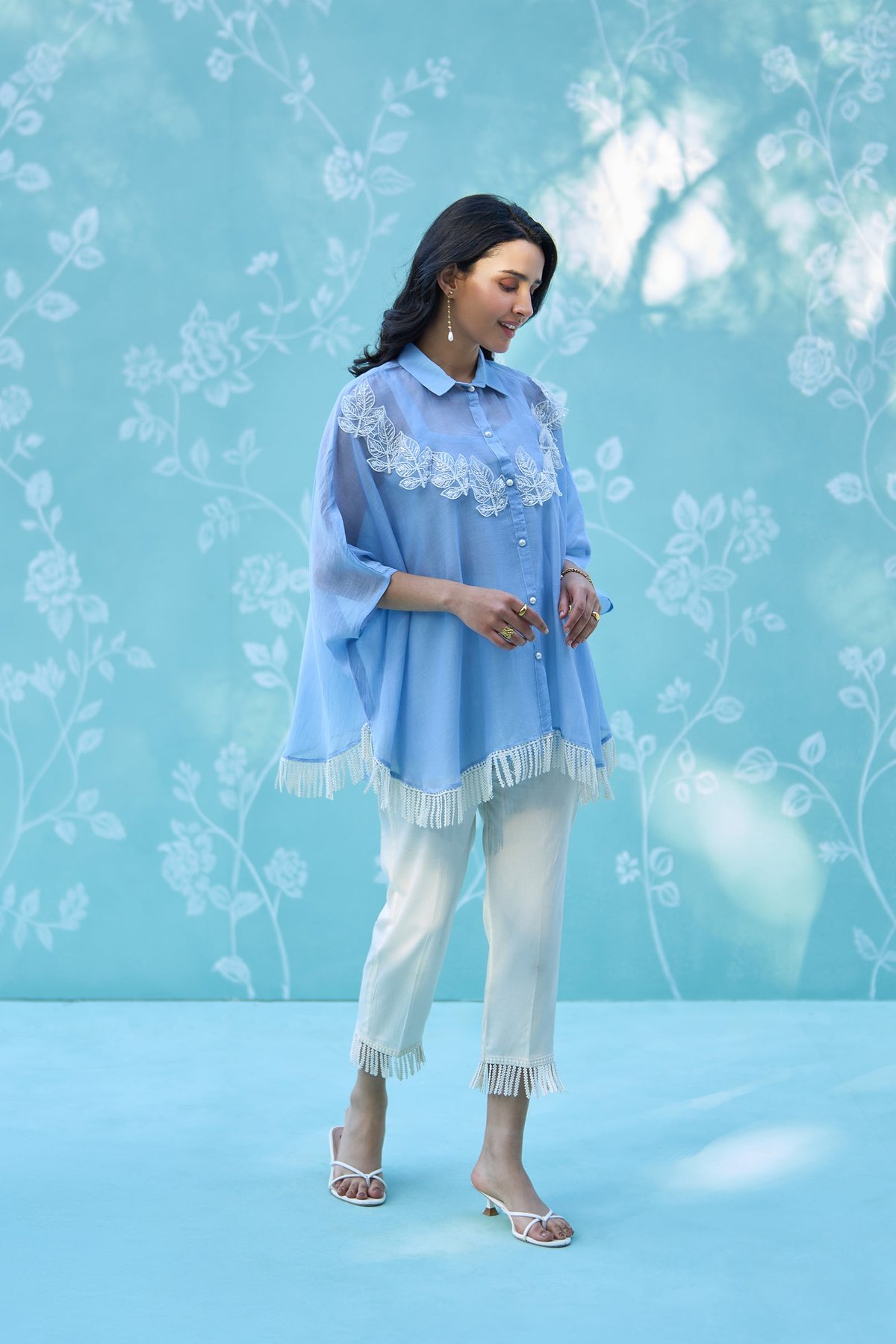 Sky Blue Embroidered Shirt Top and White Pants Co-ord Set