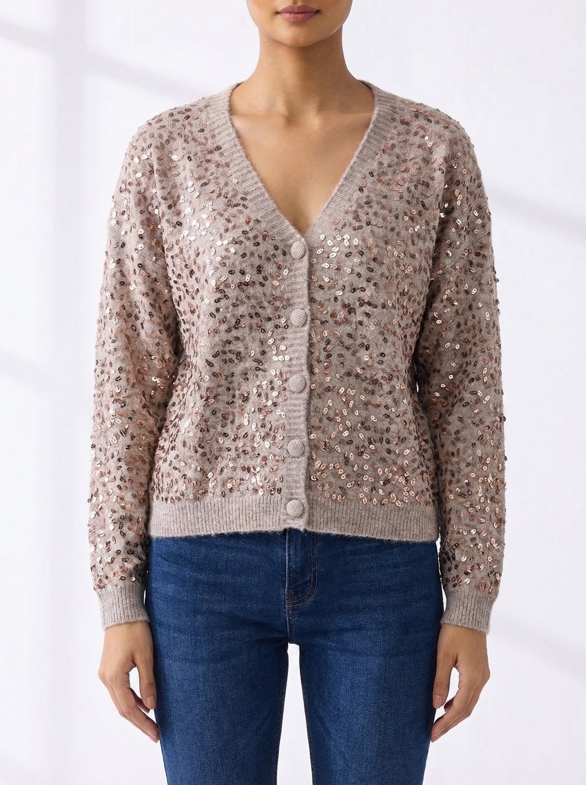 Beige Sequin Button-Front V-Neck Cardigan
