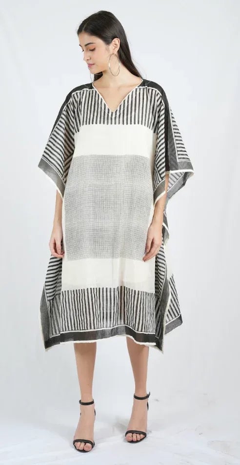Black and White Striped Kaftan with V-Neck