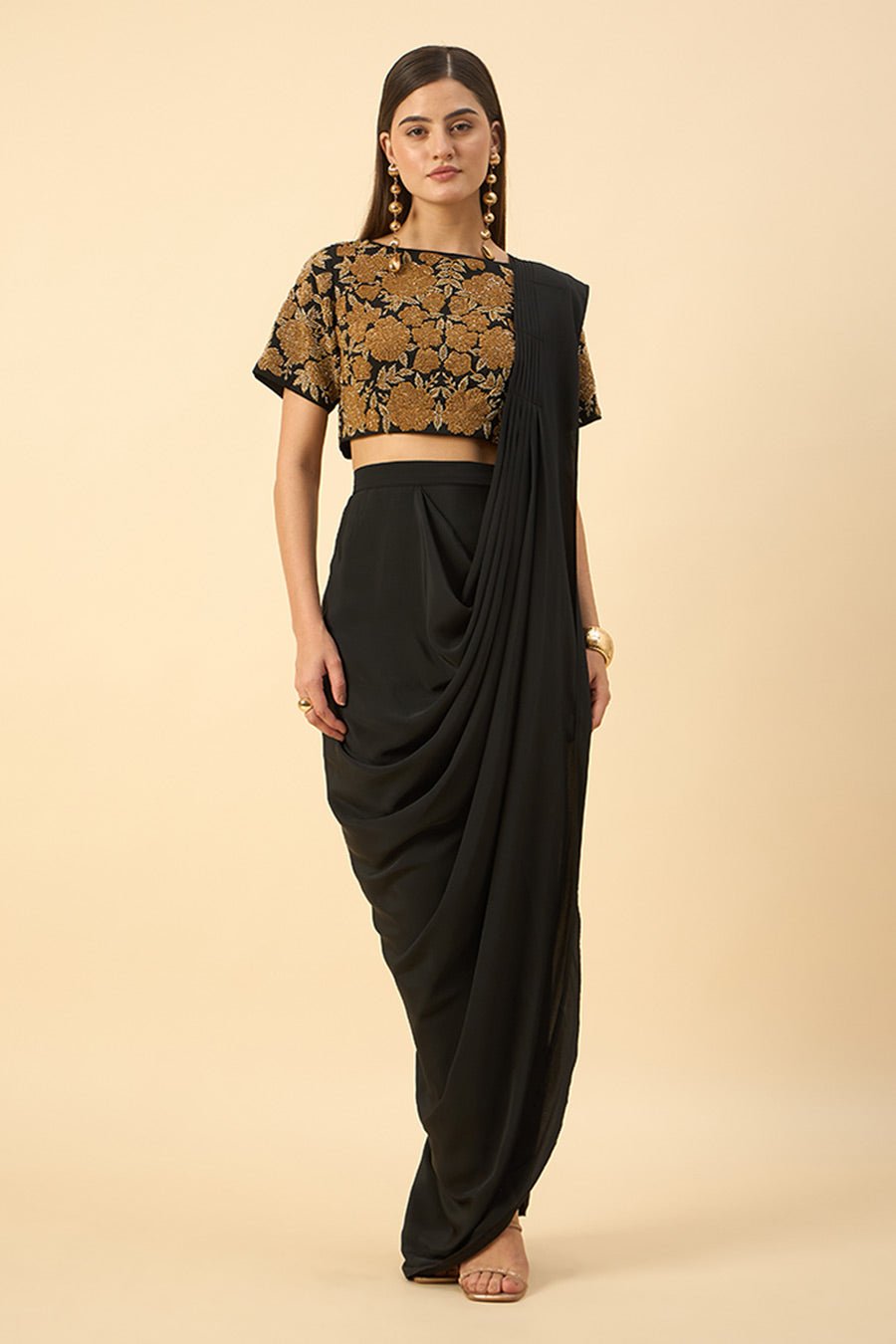 Gold Embroidered Blouse With Cowl Saree Skirt