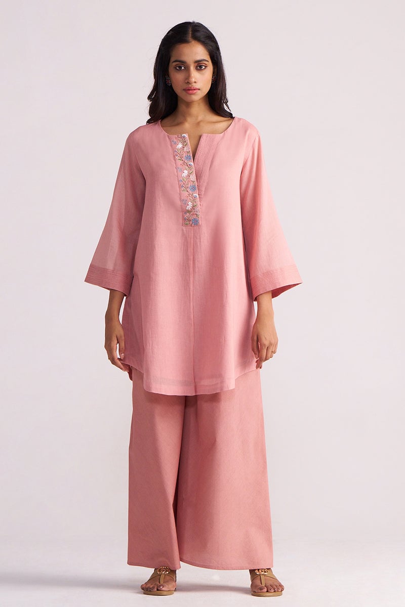 Rose Tan Cotton Voile Kurta and Wide-Leg Pants Co-ord Set