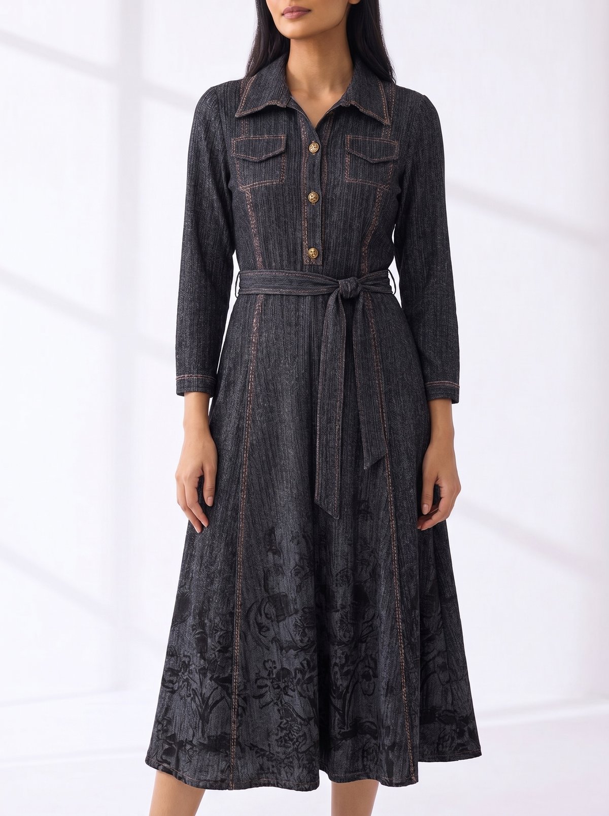 Black Fit and Flare Midi Shirt Dress with Tie Belt