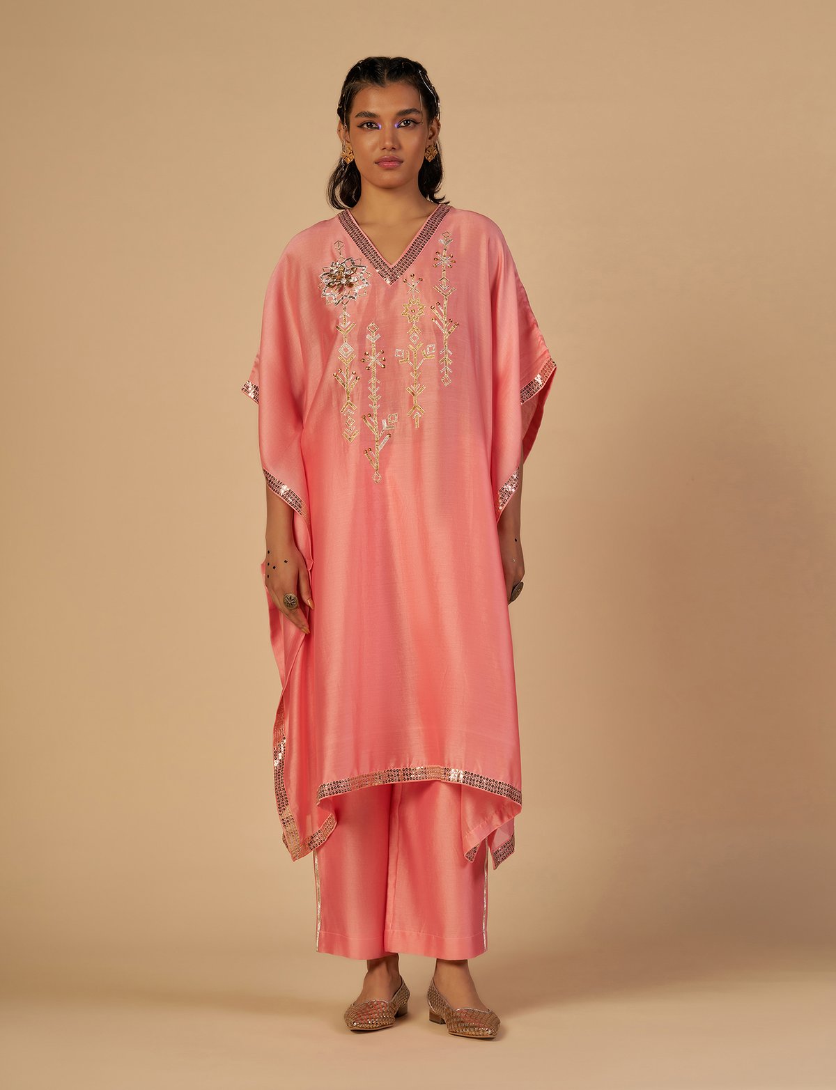 Pink Ombre Silk Chanderi Kaftan with Gota and Sequins
