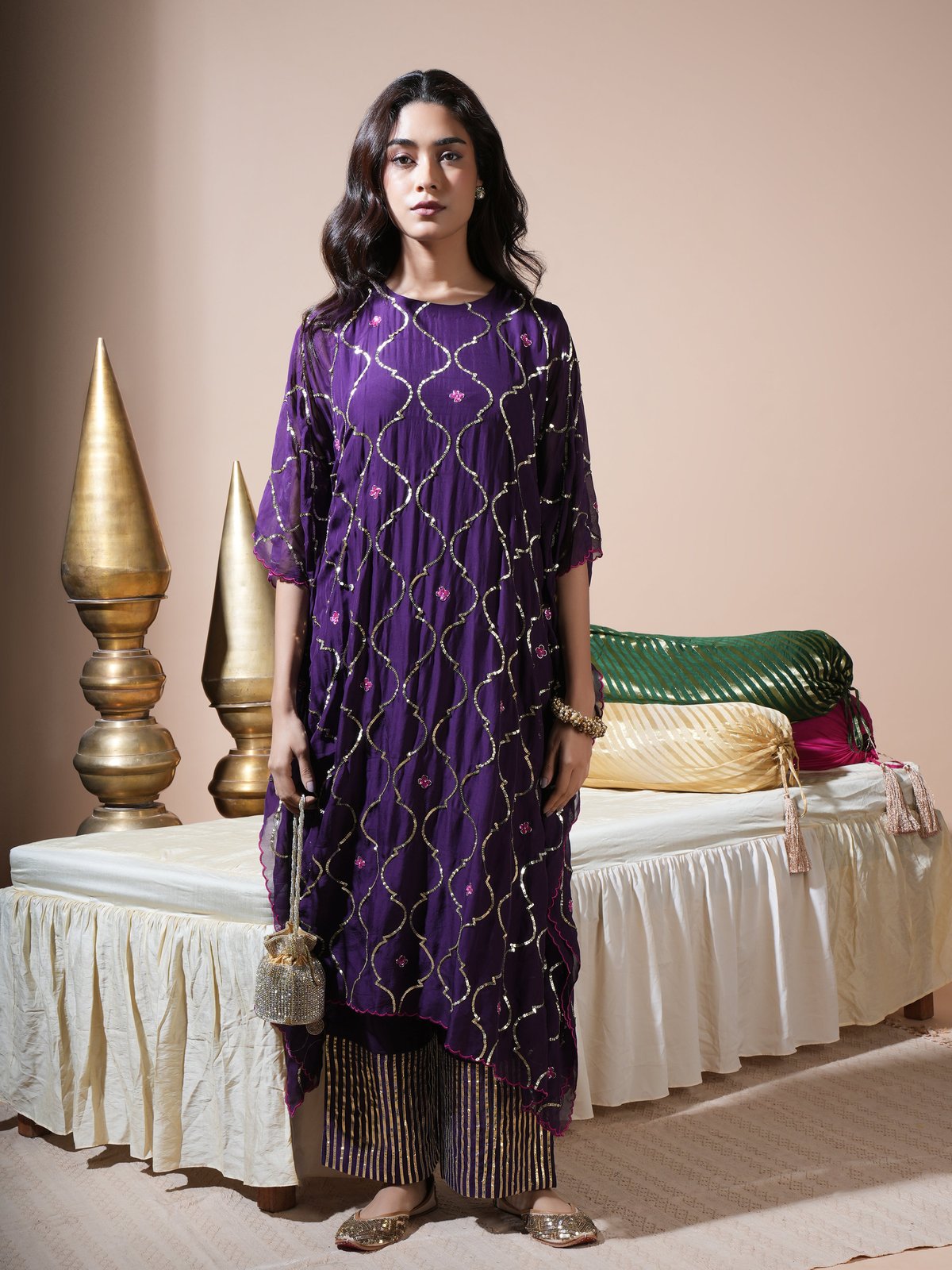 Deep Purple Geometric Jaal Kaftan Set
