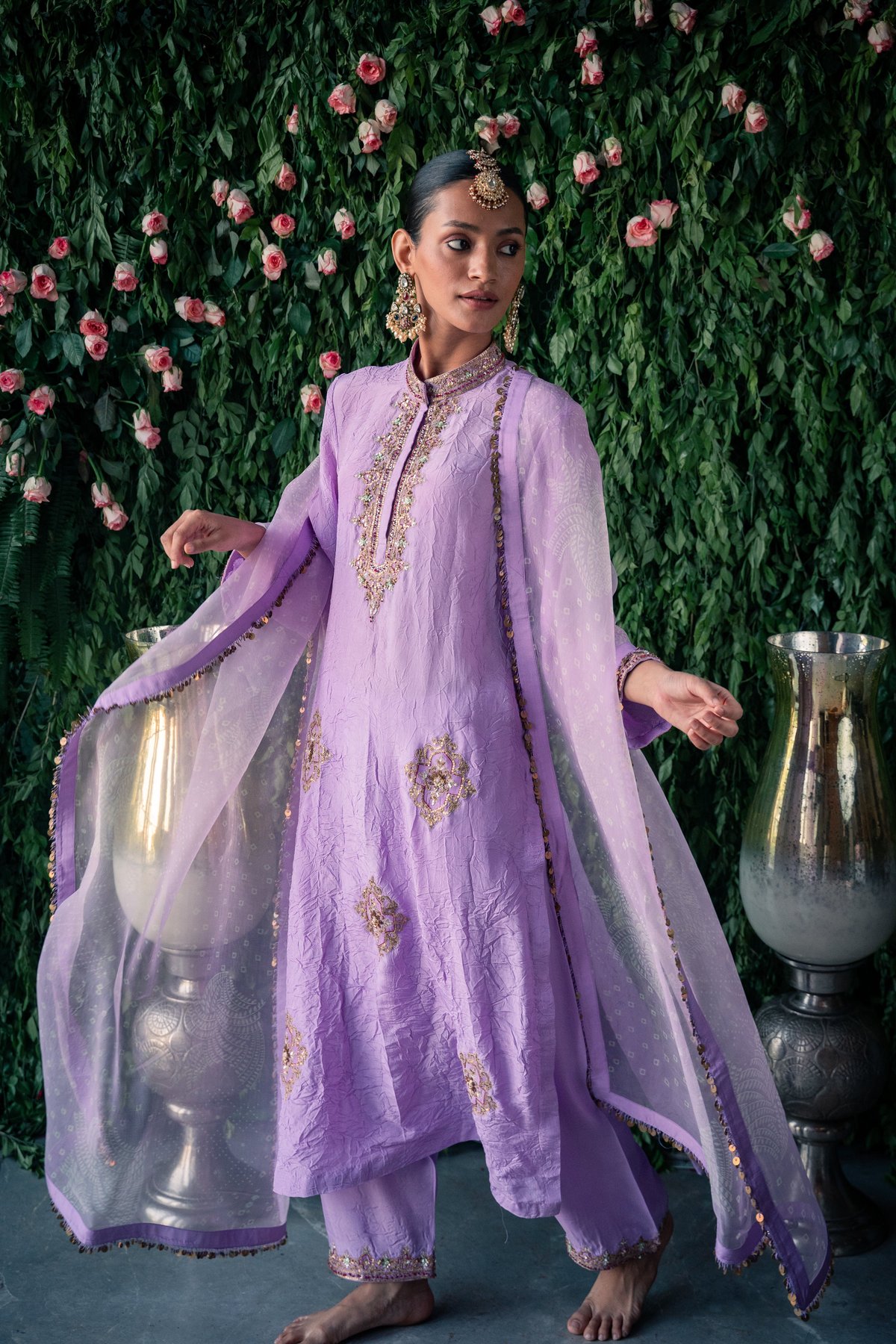 Lavender Crushed Silk Embroidered Kurta Set with Dupatta