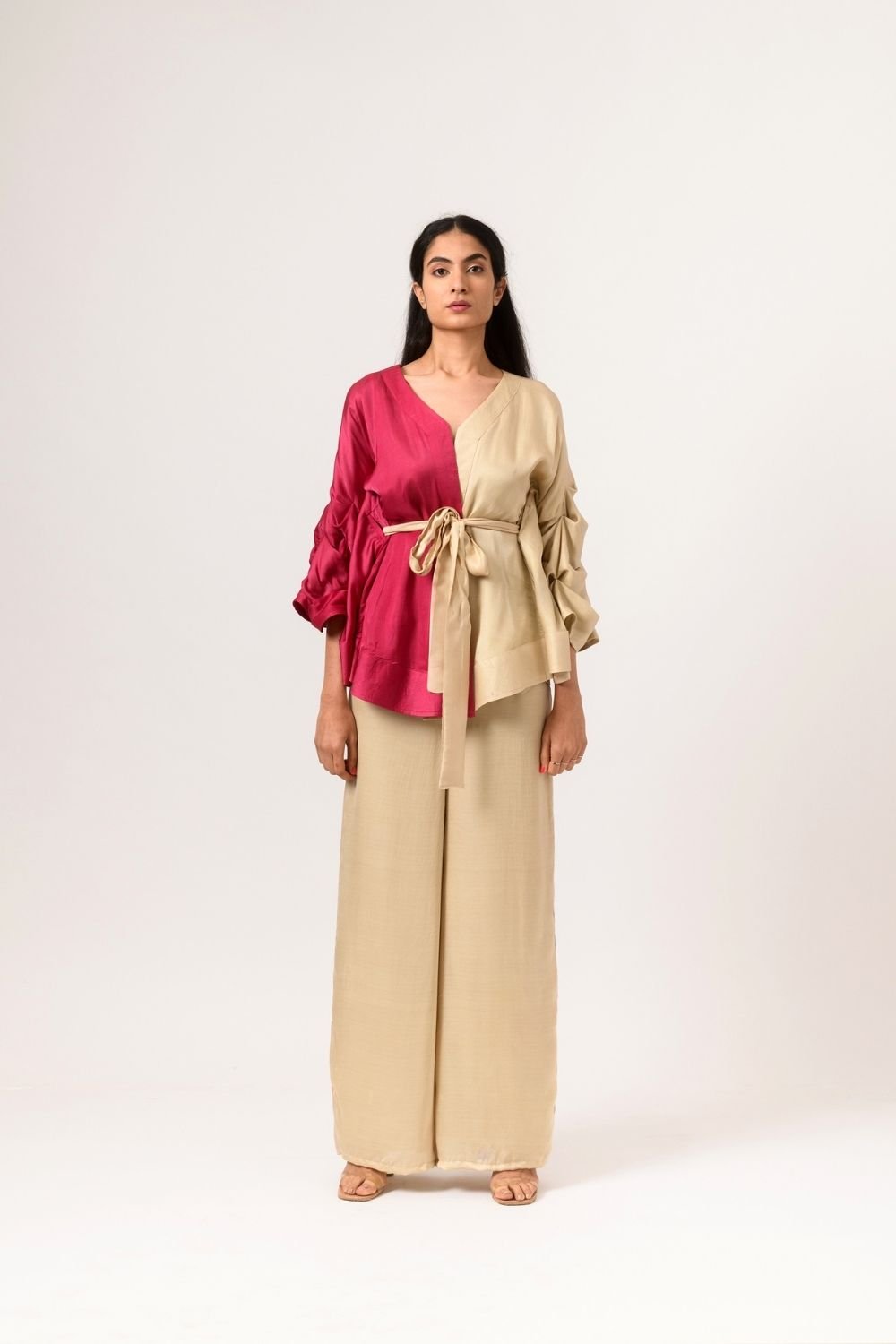 Wine-Ecru Colorblock Wrap Cape Co-ord Set