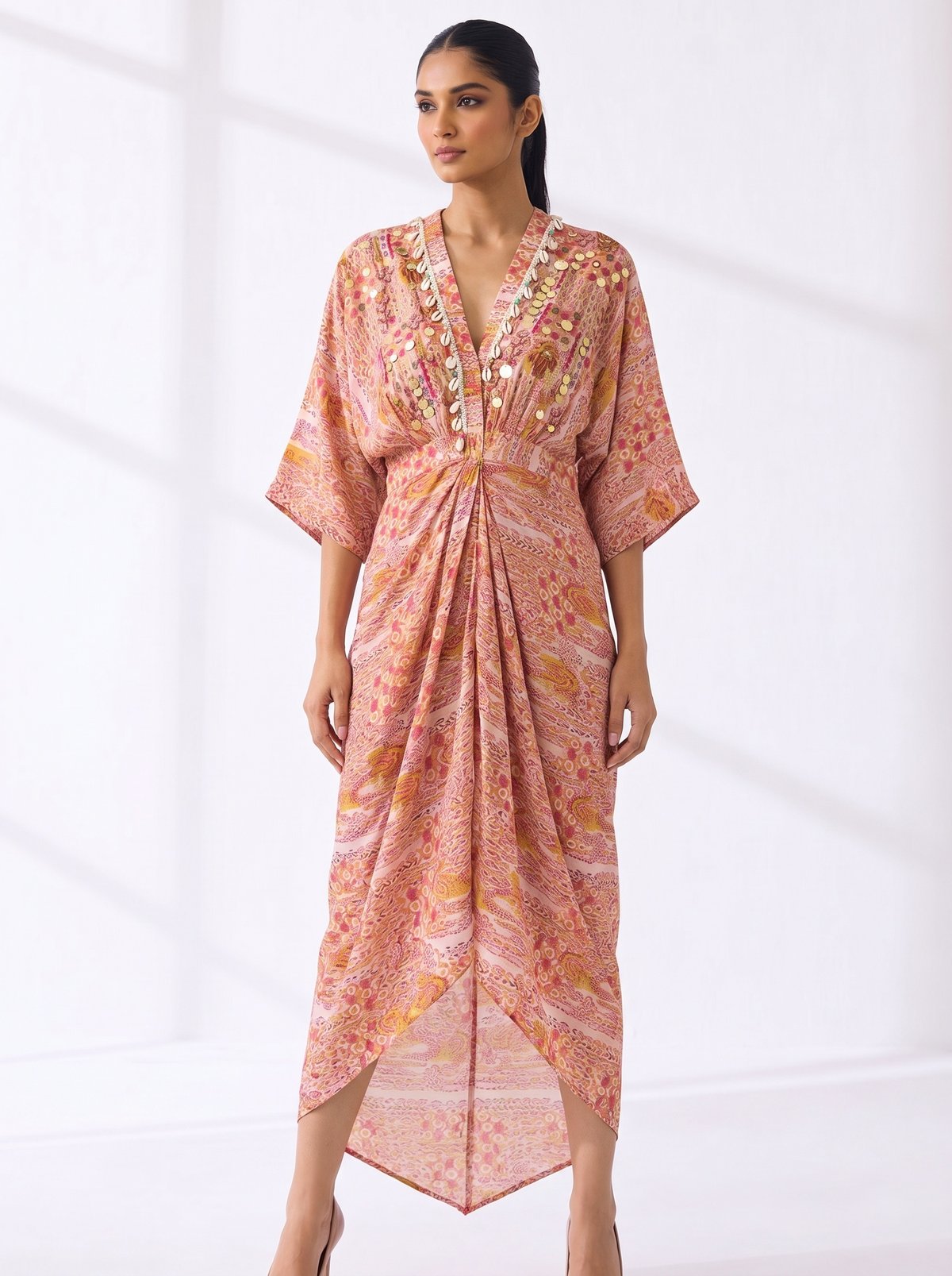 Pink Boho Print Drape Dress