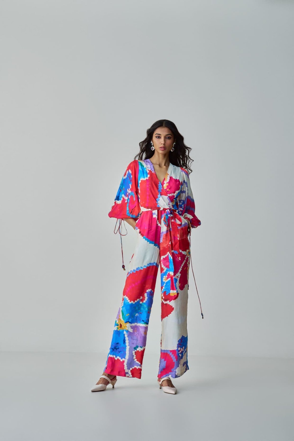 Pink and Red Abstract Print Wrap Jumpsuit with Belt
