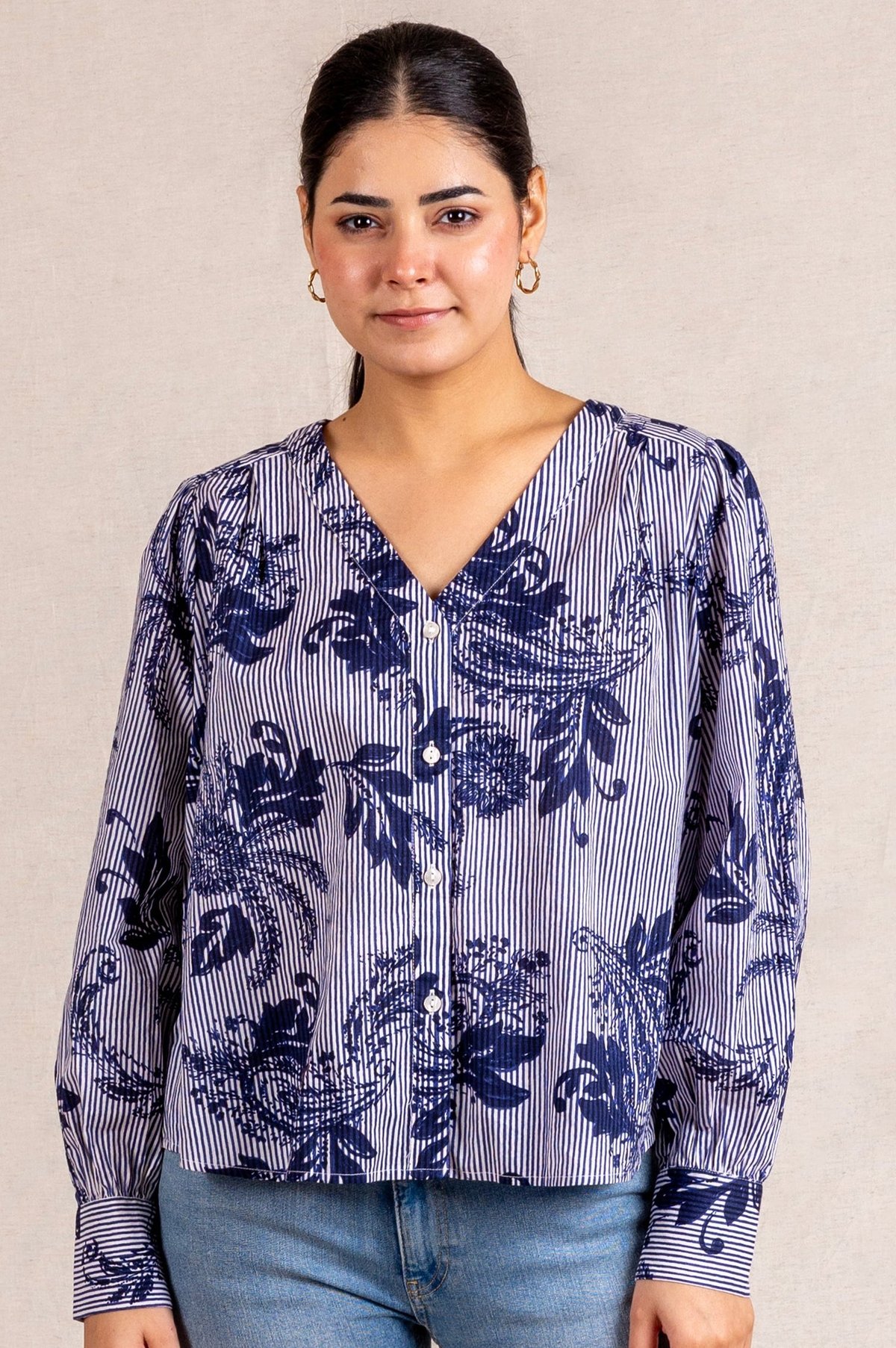 Blue & White Striped Floral Print Blouse