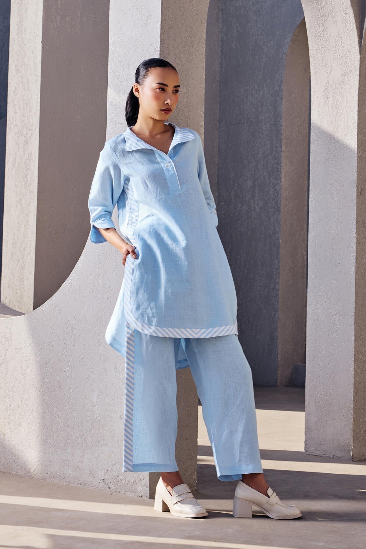 Light Blue Linen Kurti and Wide-Leg Pants Co-ord Set