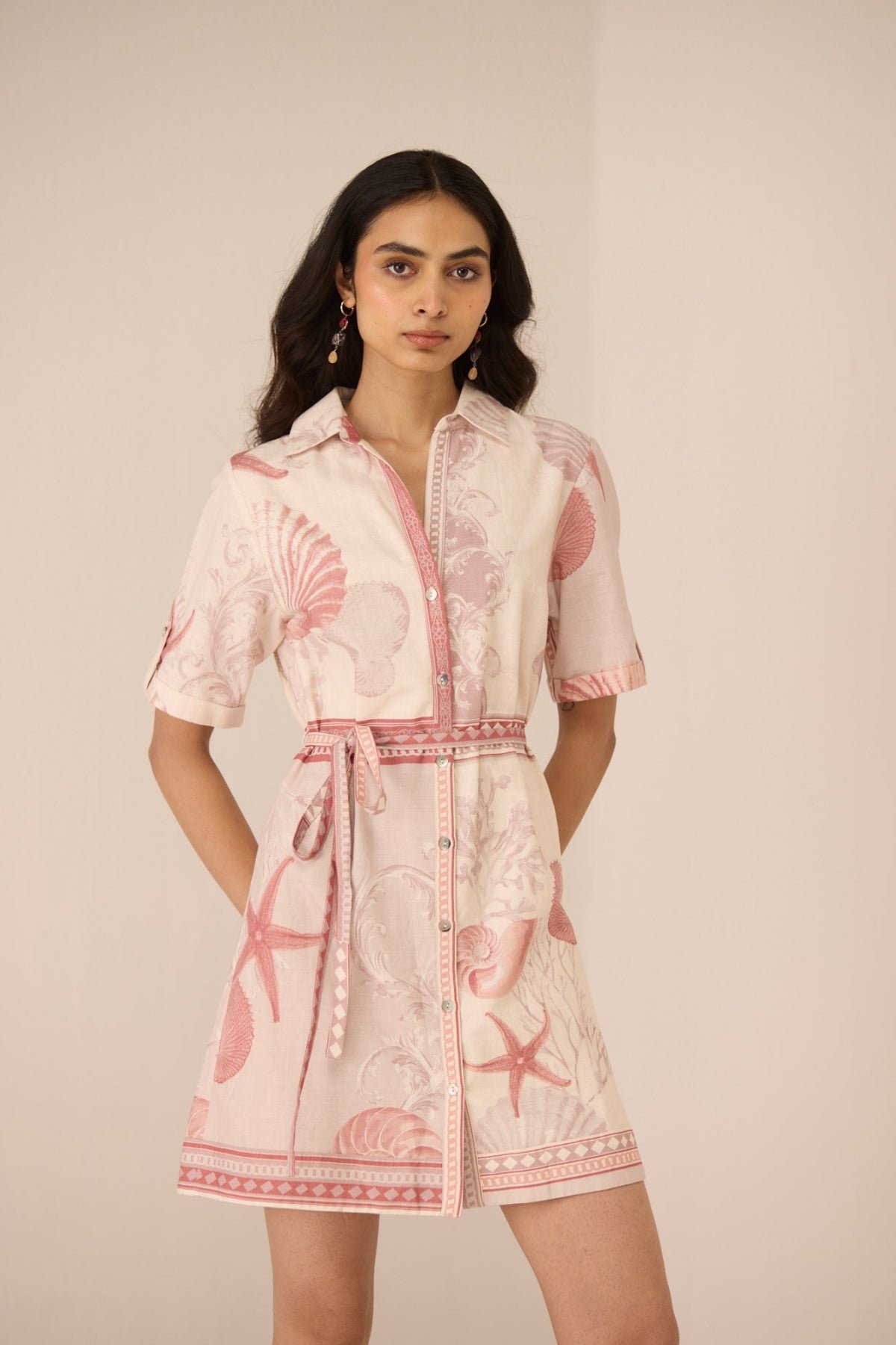 Marine Mauve Sea-Life Print Mini Shirt Dress
