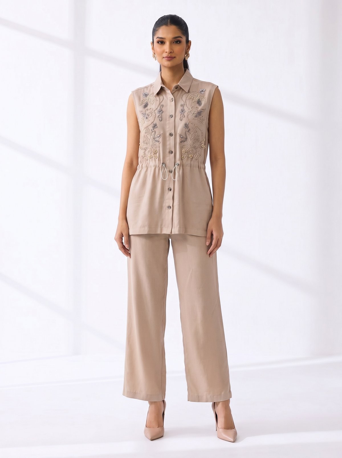 Beige Cotton Shirt and Wide-Leg Trousers Co-ord Set