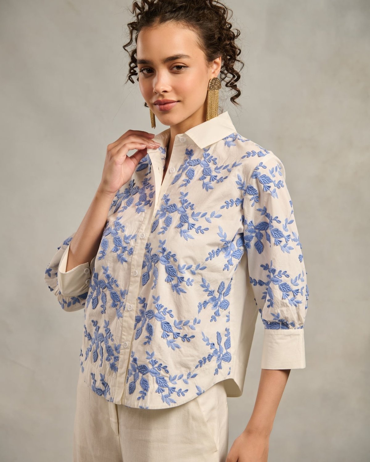 White Cotton Shirt with Blue Floral Embroidery