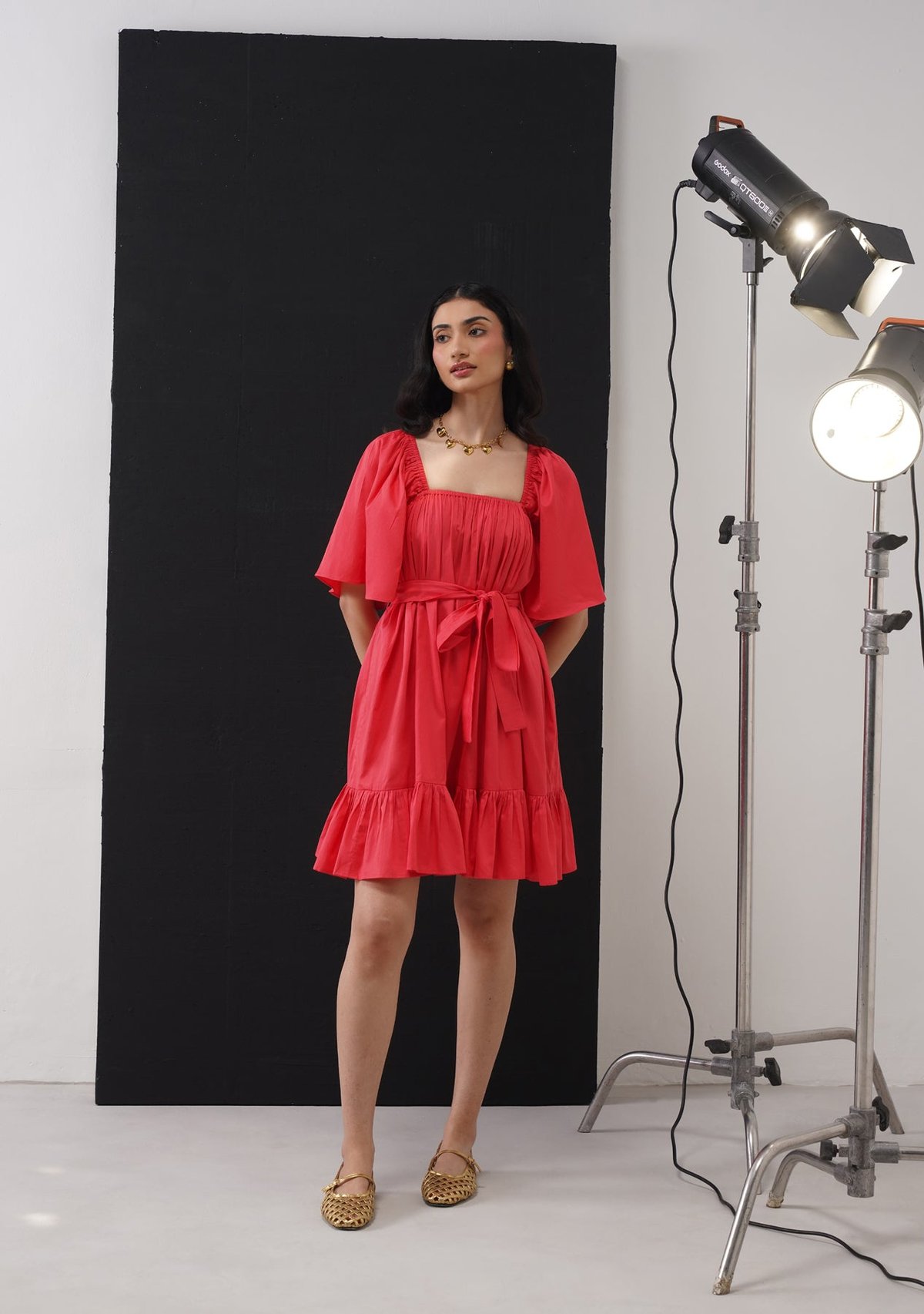 Vermillion Cotton Smock Mini Dress with Detachable Belt