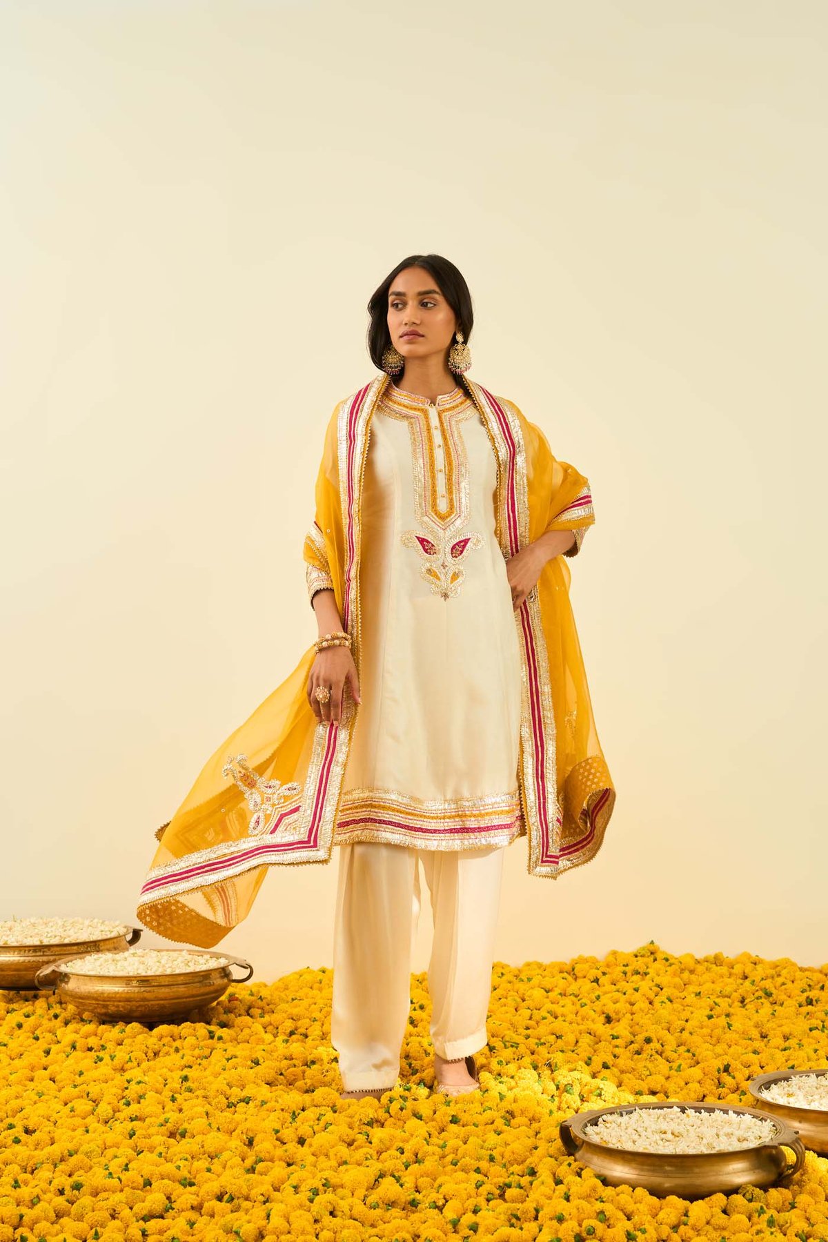 Daisy Ivory Princess-Cut Kurta Set With Mustard Dupatta