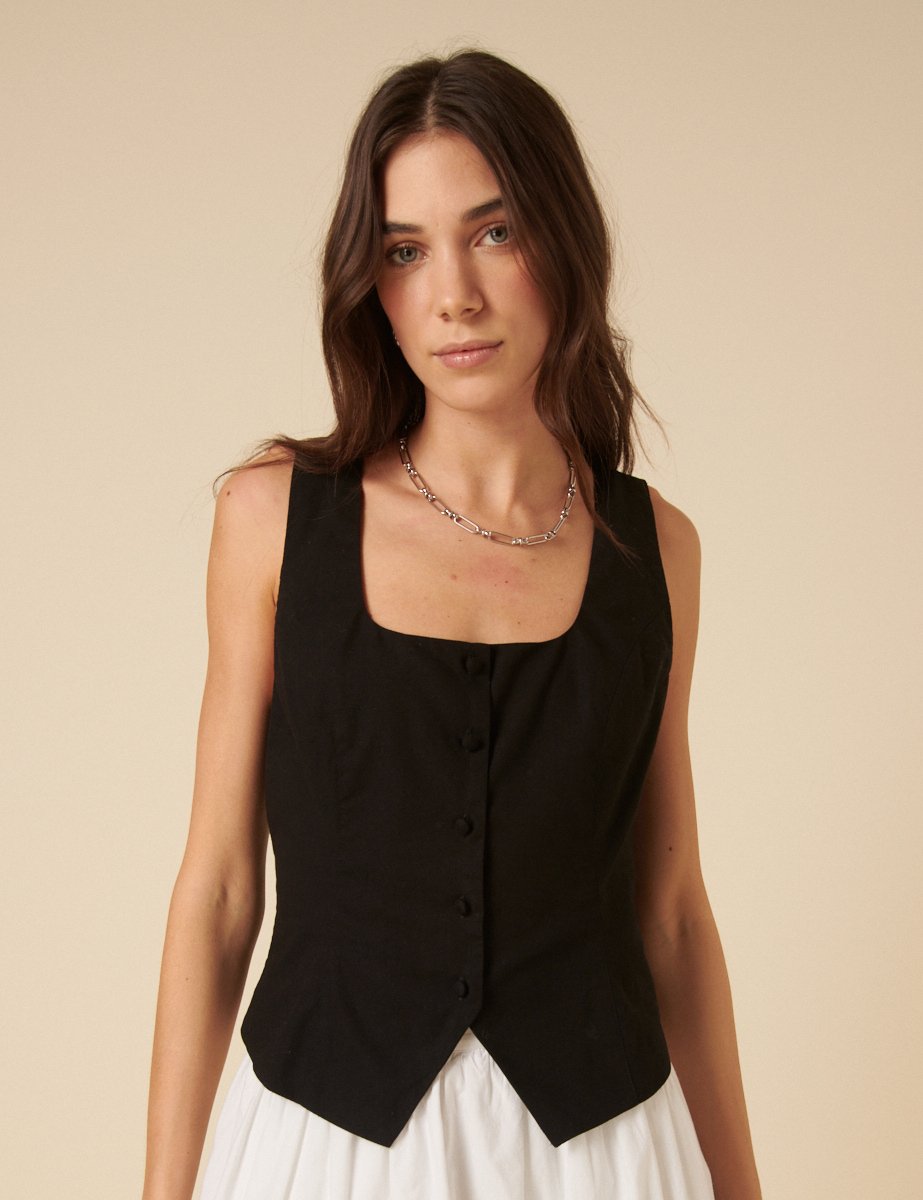 Black Waistcoat-Style Sleeveless Button-Front Top