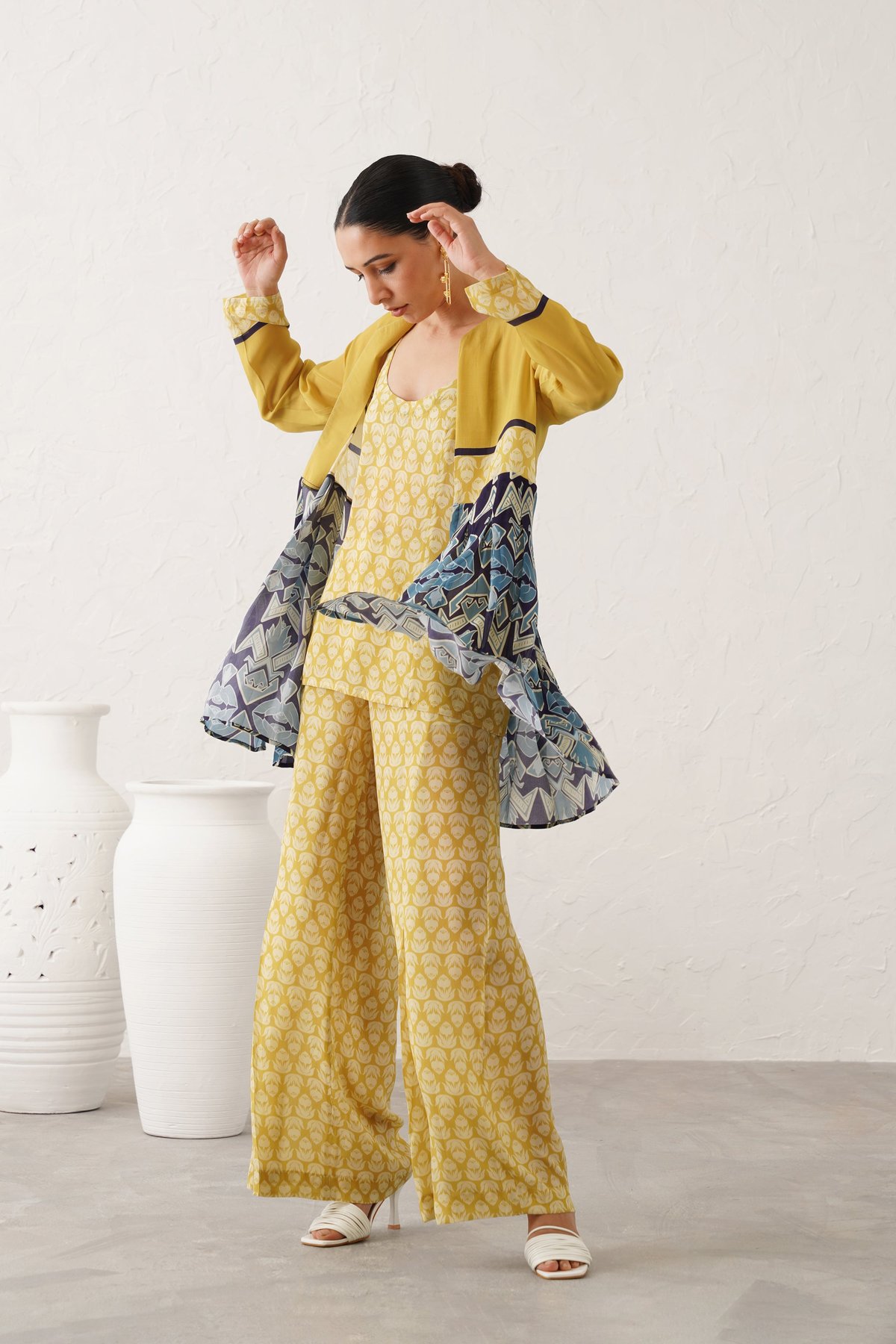 Yellow and Blue Printed 3-Piece Crepe Co-ord Set