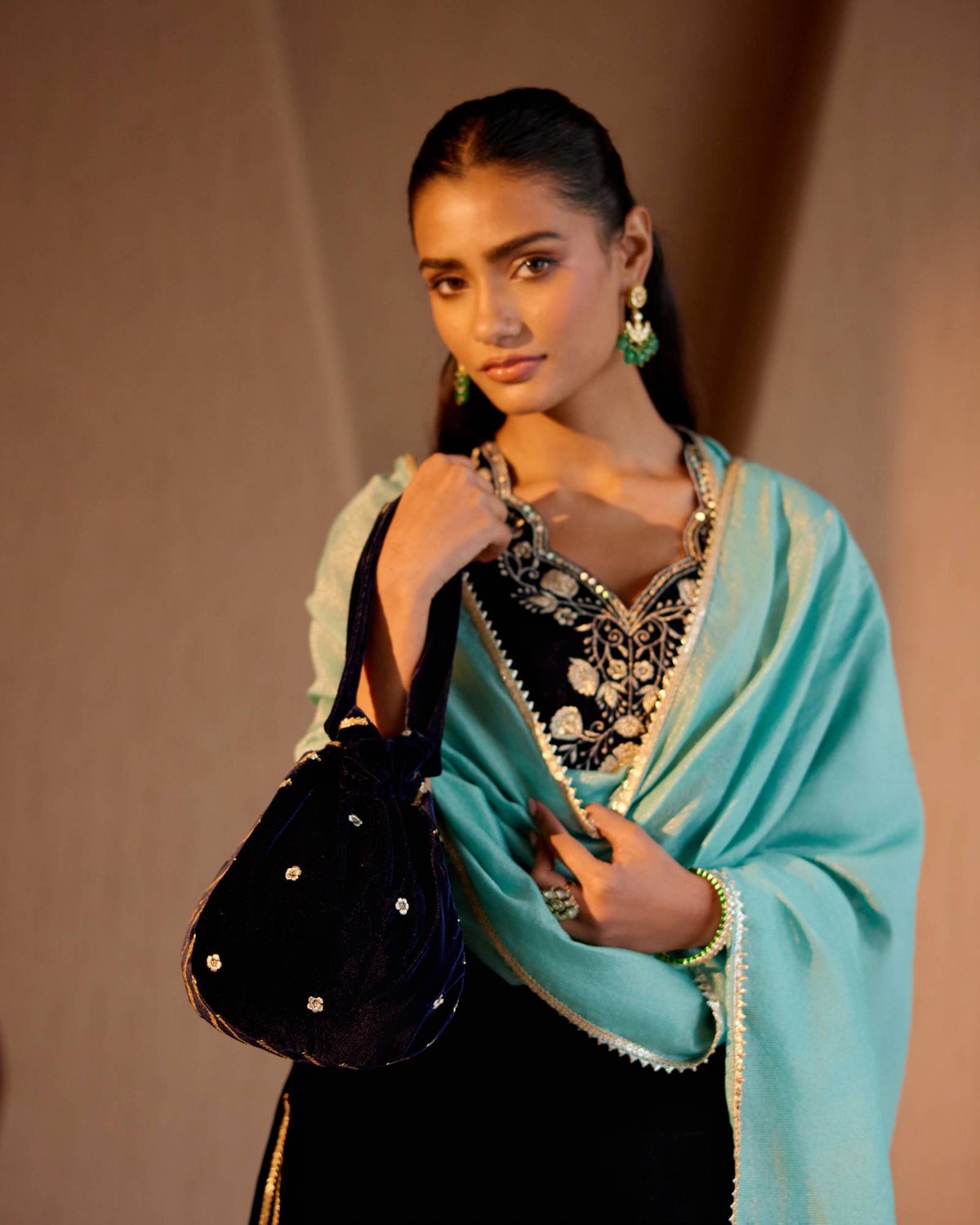 Navy Velvet Embroidered Kurta Set with Dupatta (Set of 3)