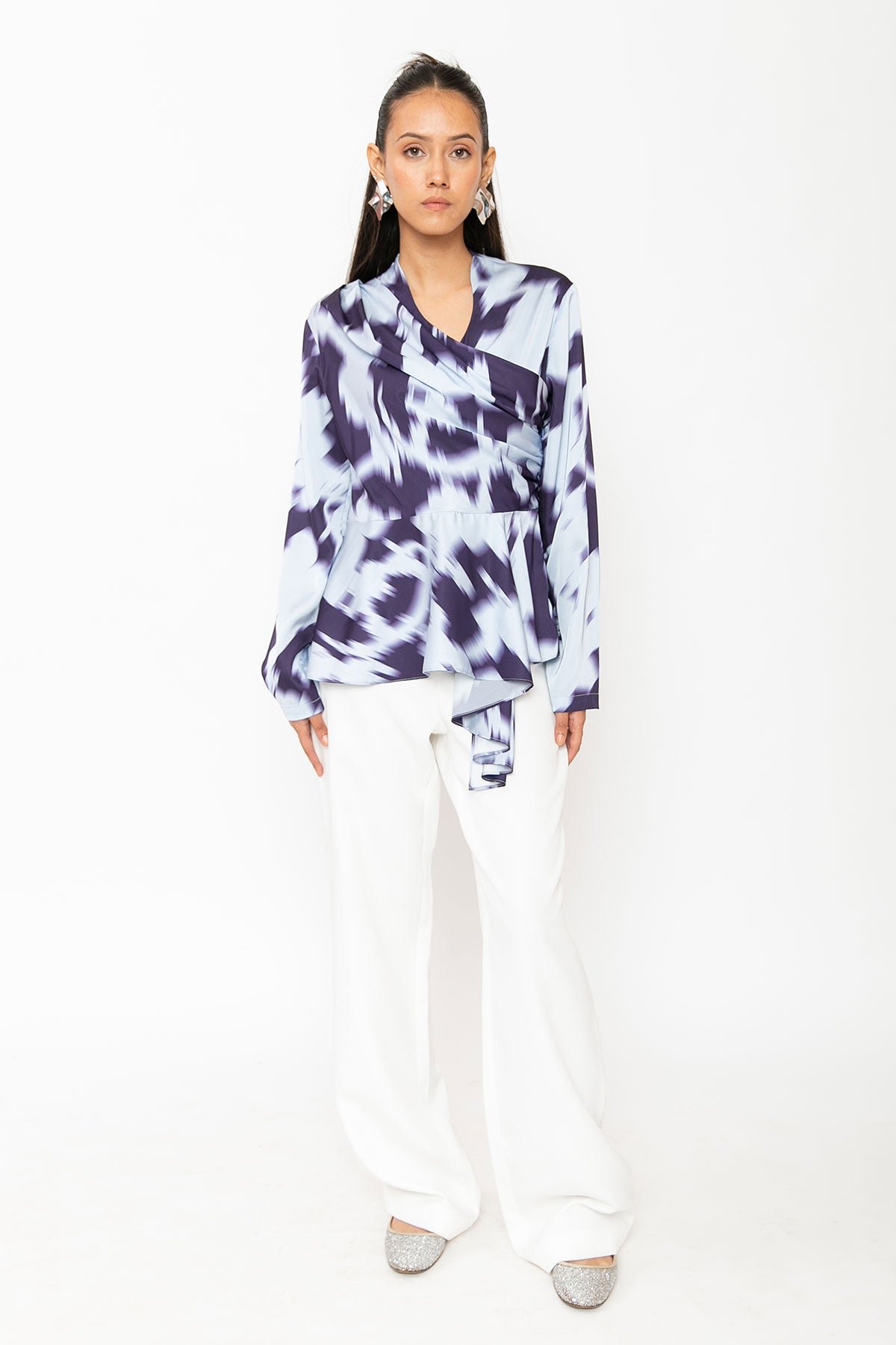 Blue Abstract Print Wrap Peplum Top