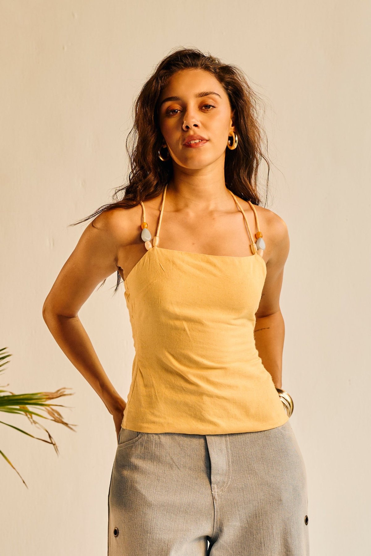 Yellow Linen Halter Top with Beaded Strap Detail
