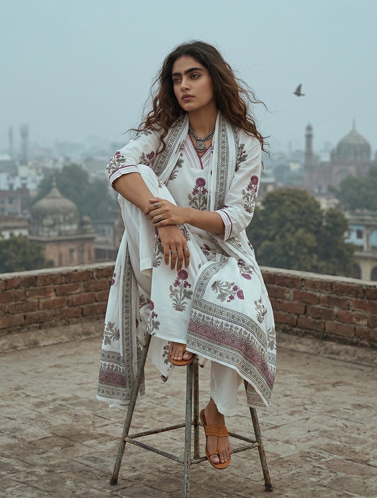 White Purple Print V-Neck Kurta Pant Dupatta Set