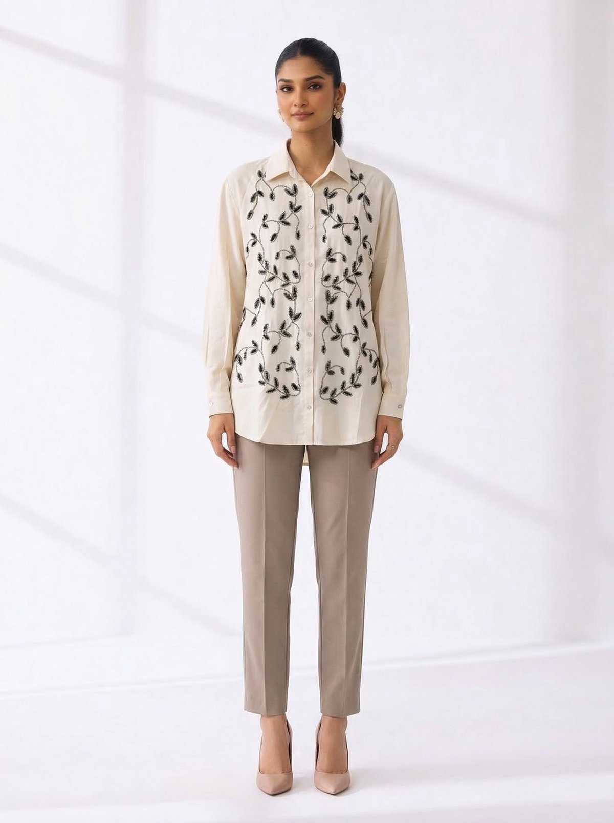 Beige Oversized Shirt with Black Vine Bead Embroidery