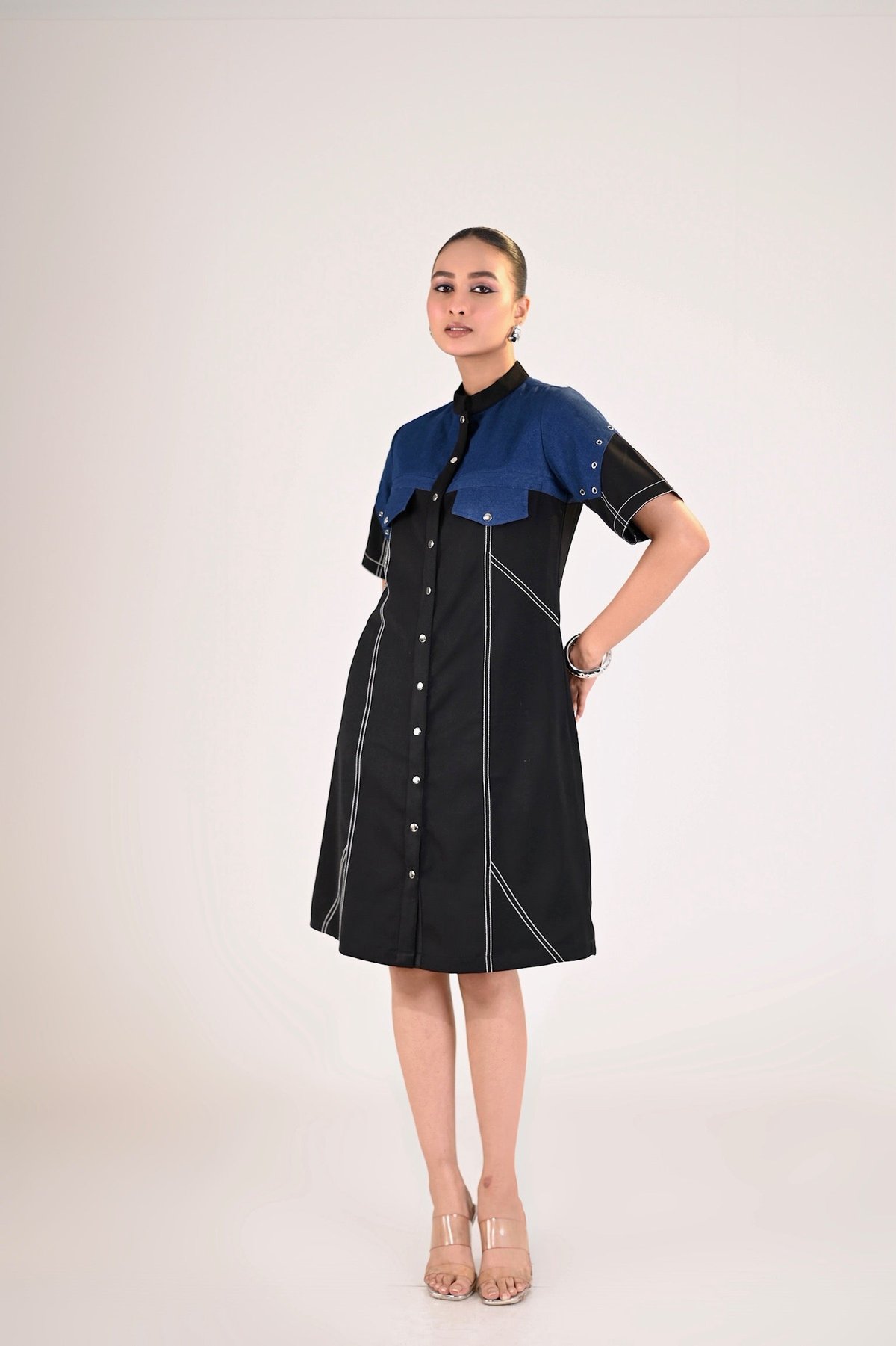 Black and Navy Colorblock Button-Front Shirt Dress
