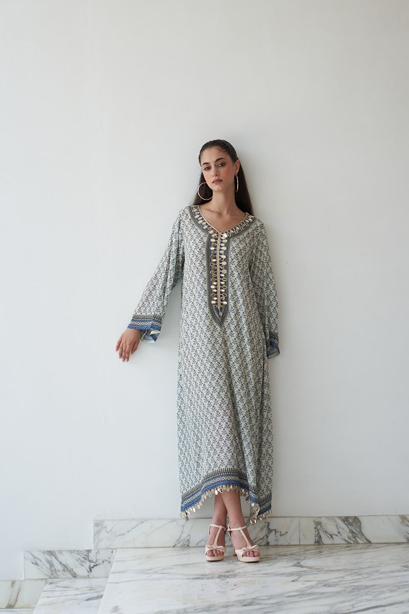 White and Blue Printed Kaftan with Mirror Work Neckline