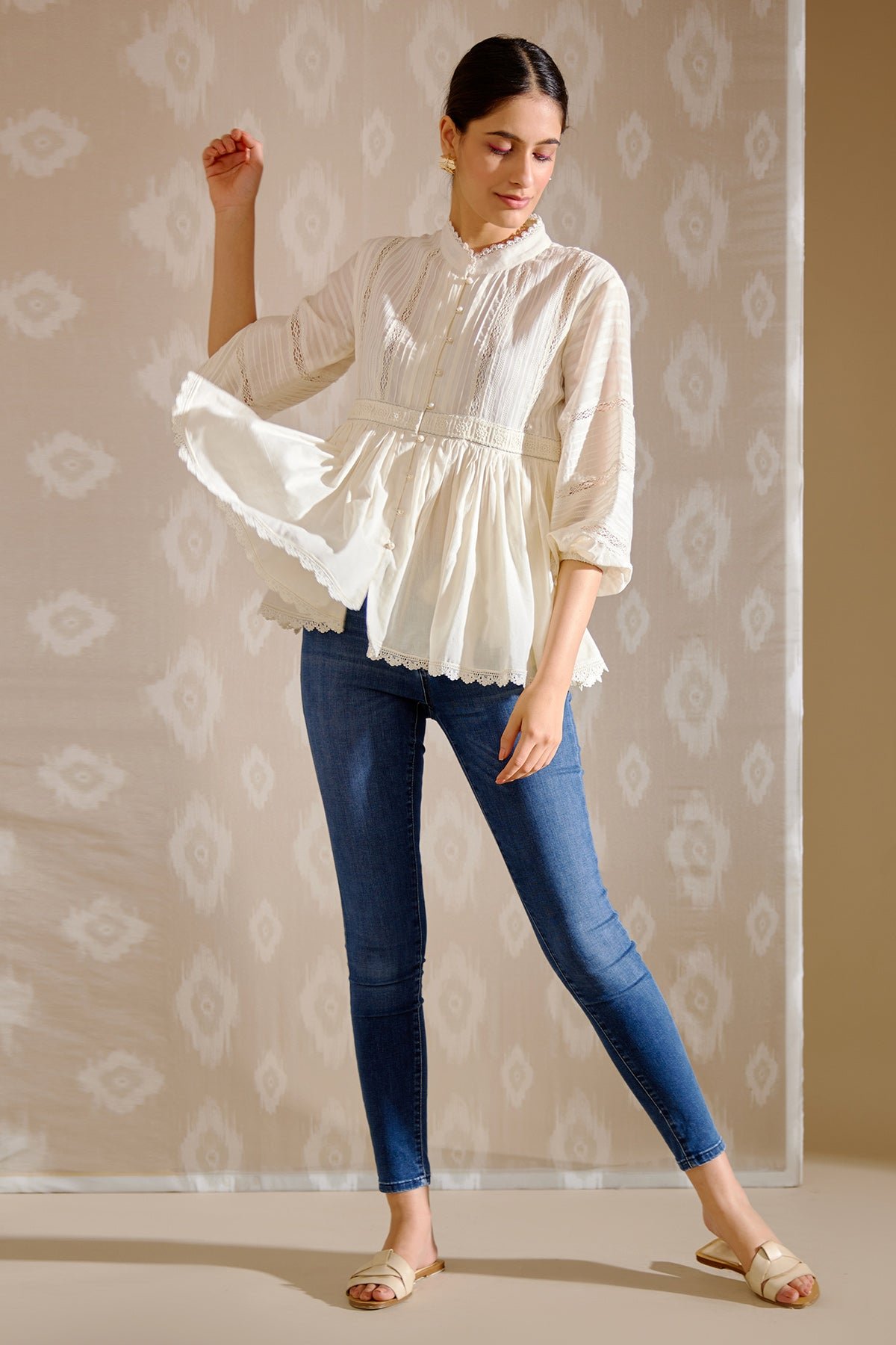 Ivory Cotton Voile Fit and Flare Lace Detail Top