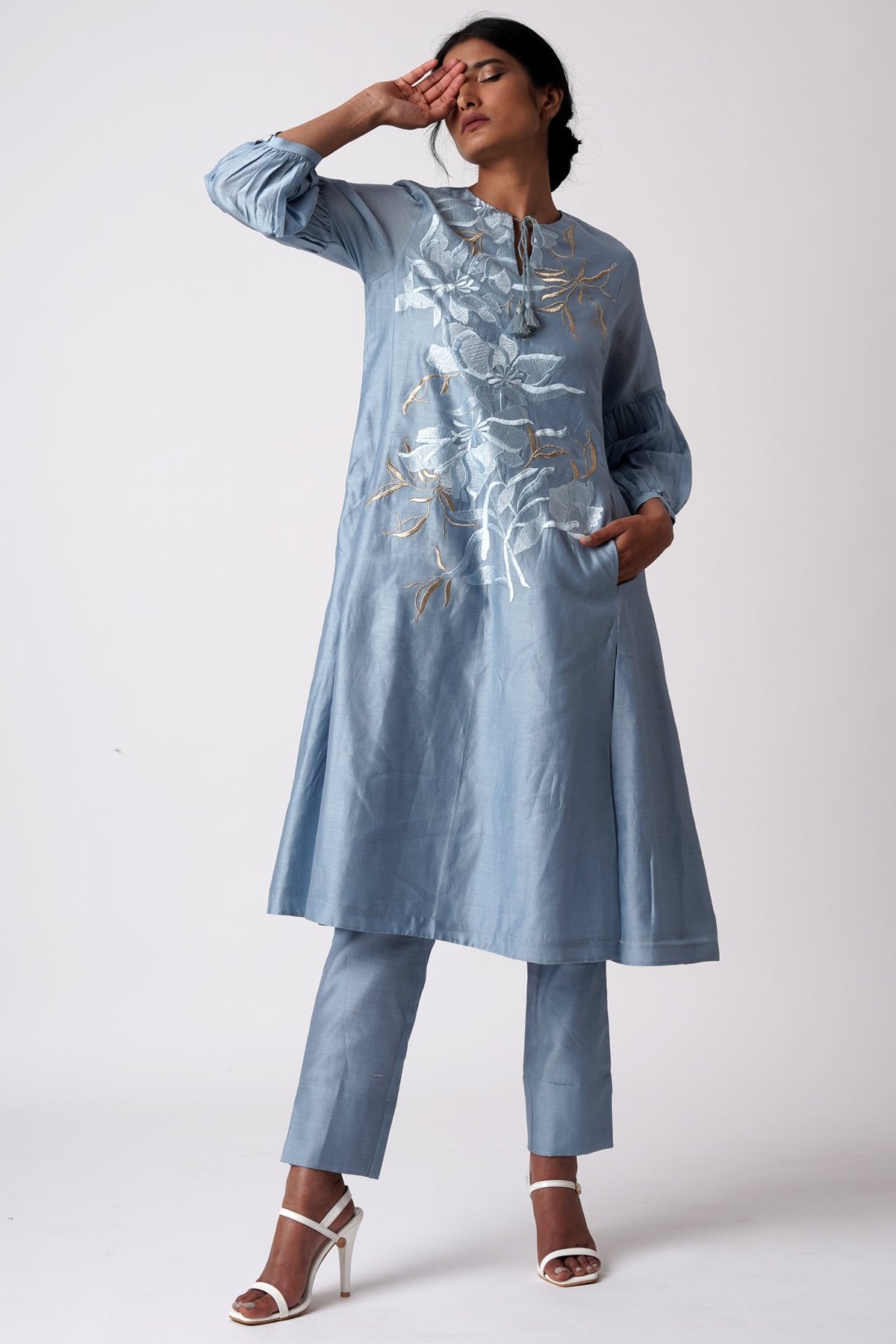 Coral Blue Embroidered Tunic and Pant Co-ord Set