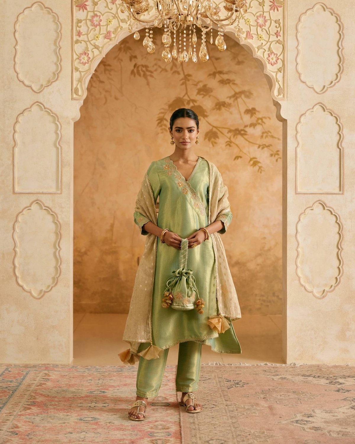 Aqua Zari Tissue Angrakha Kurta Set with Dupatta (Set of 3)