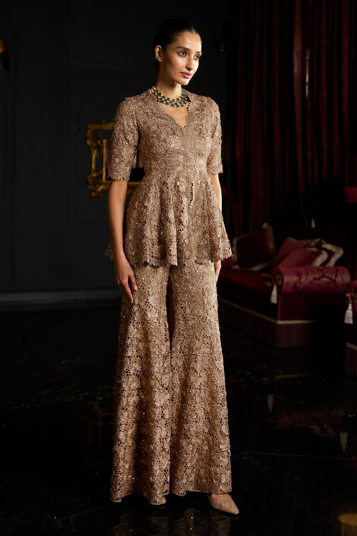 Caramel Lace Peplum Top and Flared Pants Co-ord Set