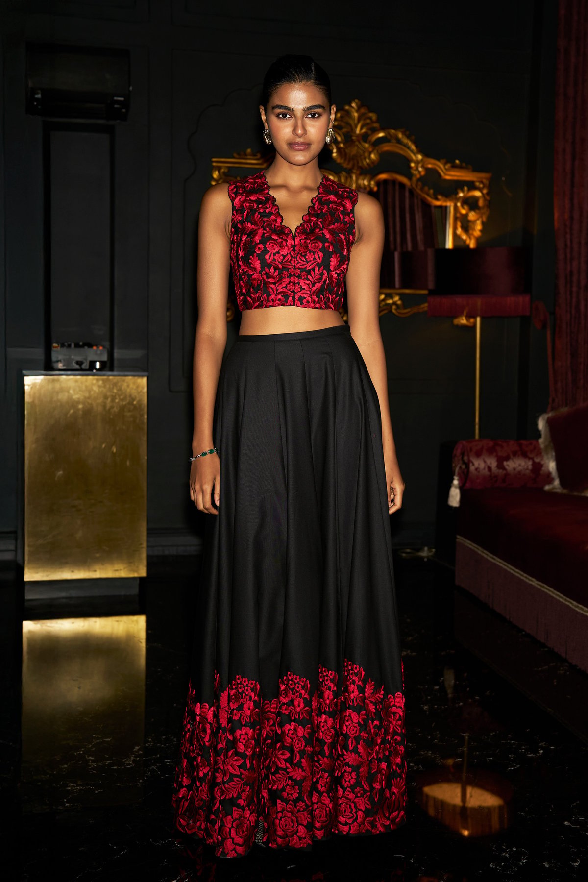 Embroidered Crop Top and Flared Maxi Skirt Co-ord Set