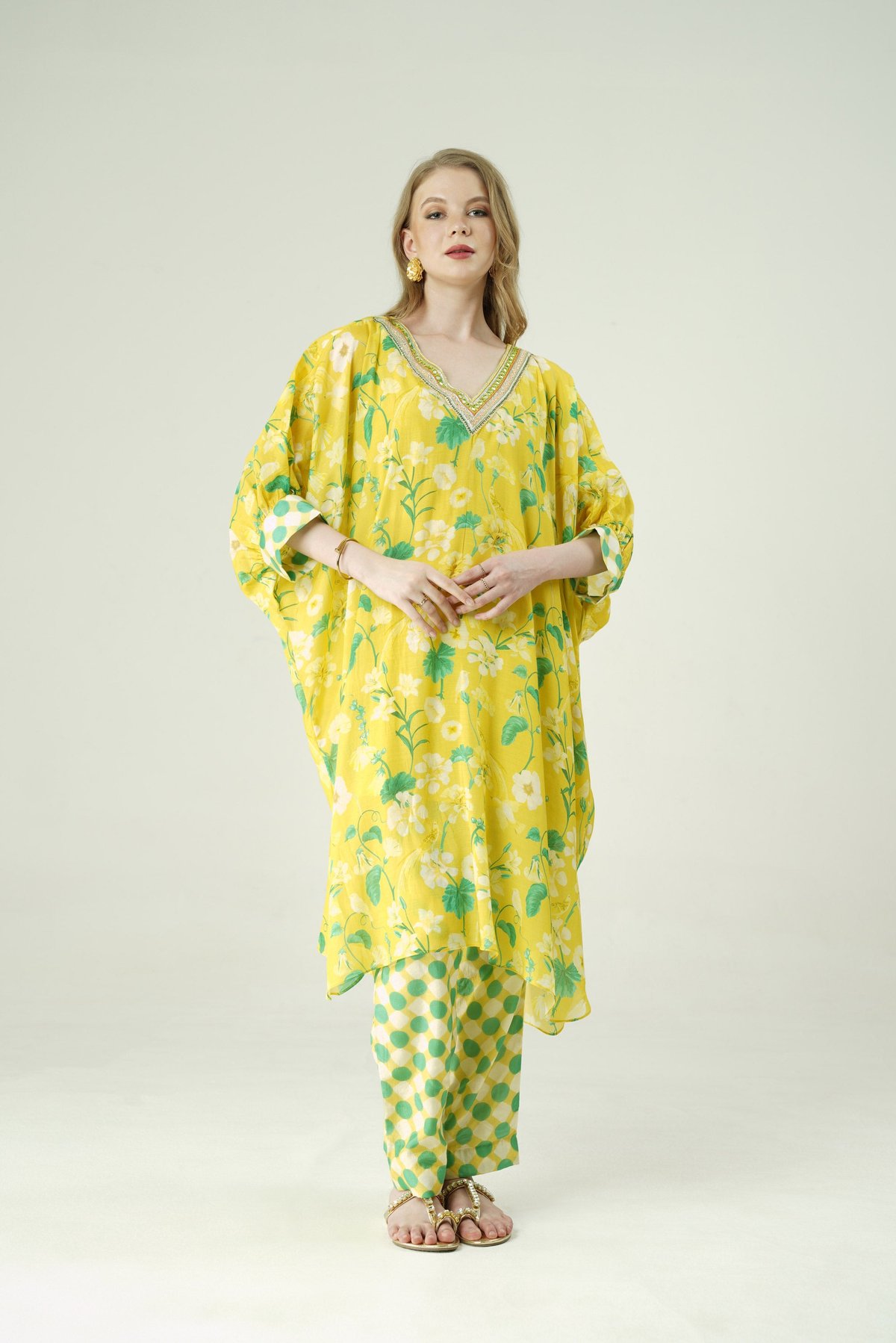 Lemon Yellow Printed Kaftan Kurta Set with Pants