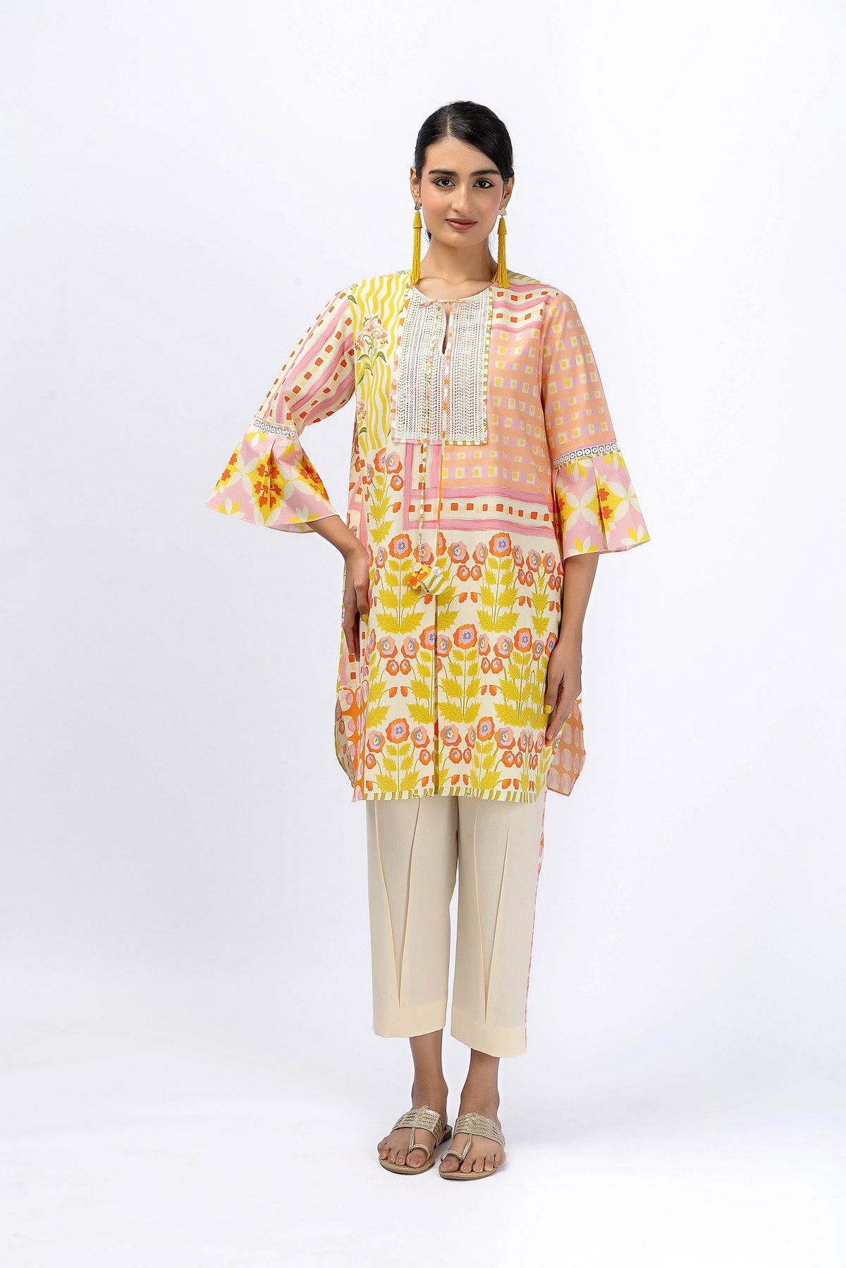 Lace Yoke Floral Shirt With Pleat Pant Set