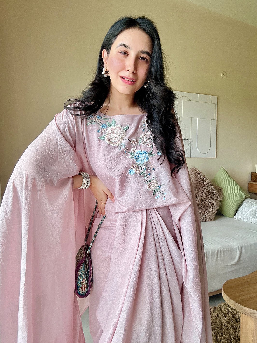 Blush Pink Embroidered Satin Cape Top with Crop Inner