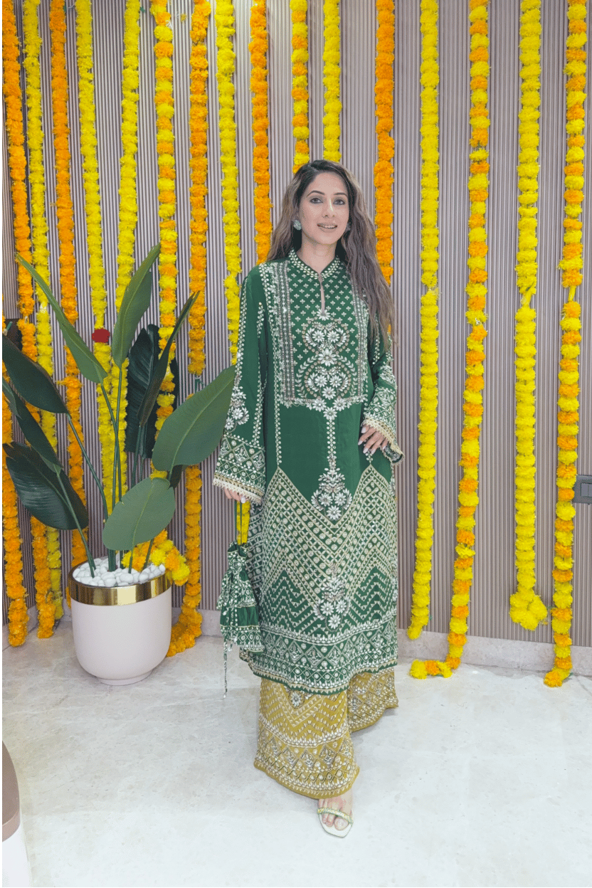 Green and Mustard A-Line Kurta Set with Mirror Work