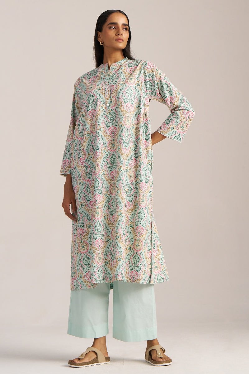 Aqua Foam Printed Cotton Kurta and Wide-Leg Pants Co-ord Set