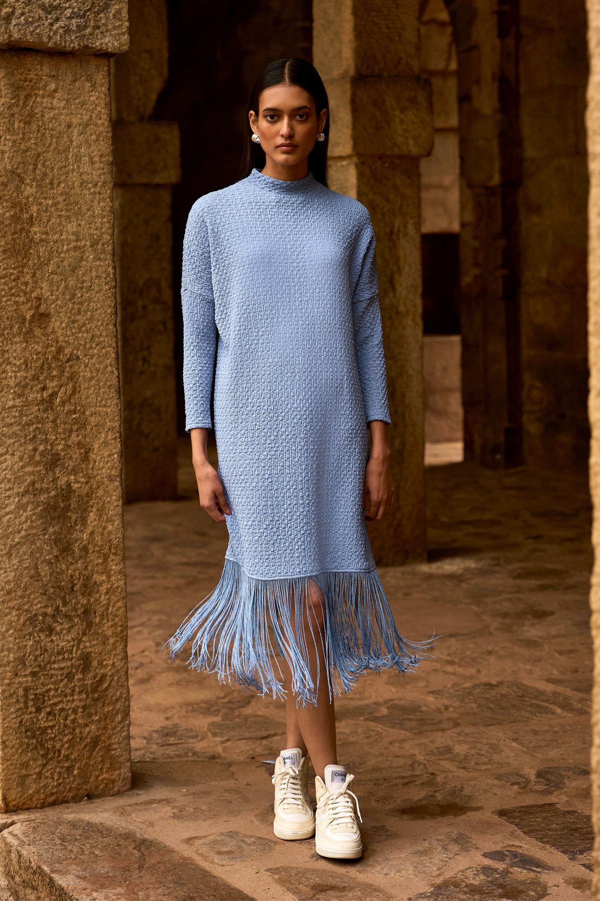 Sky Textured Knit Fringe Hem Midi Dress