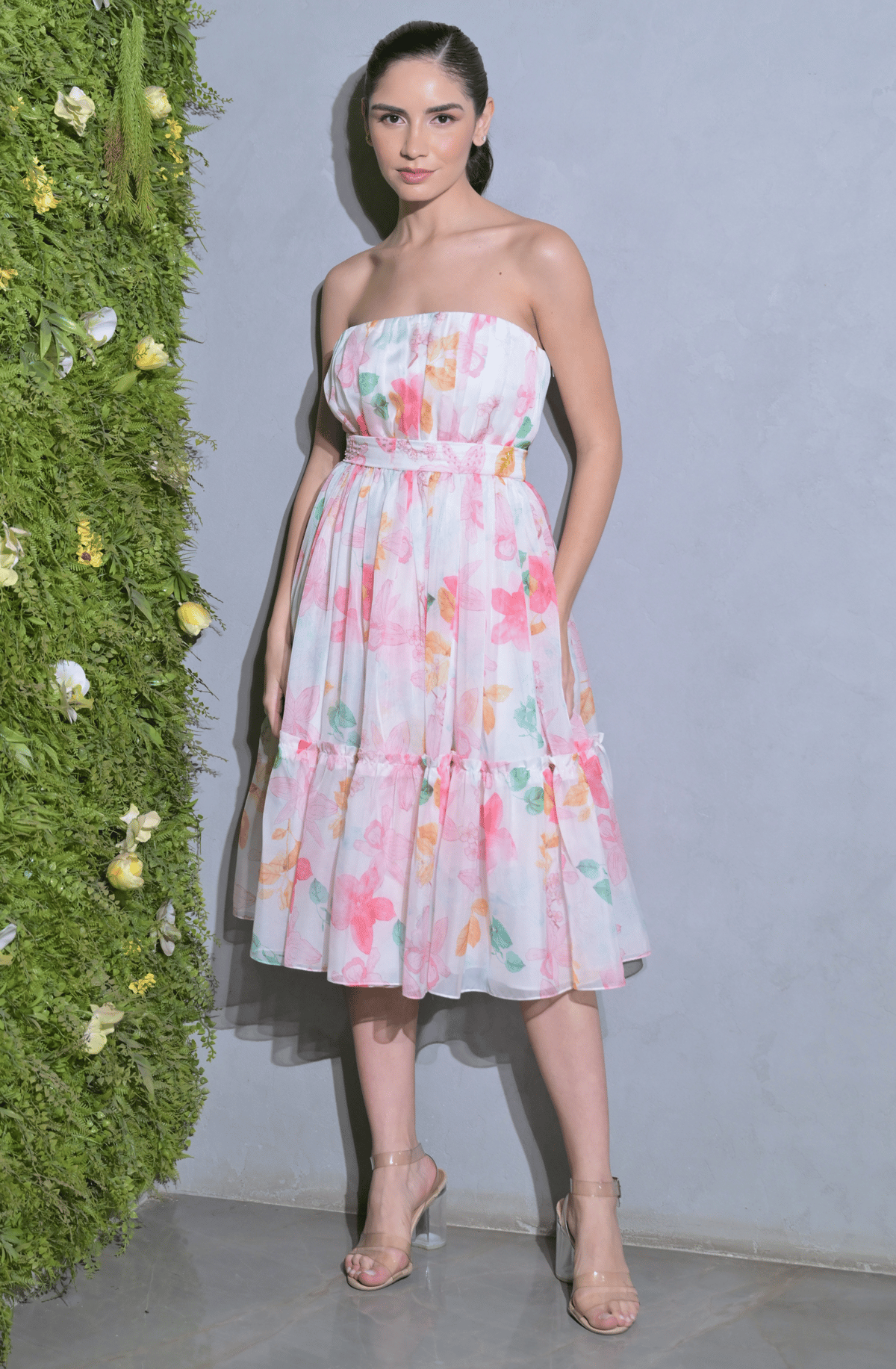 Multicolor Strapless Floral Organza Midi Dress