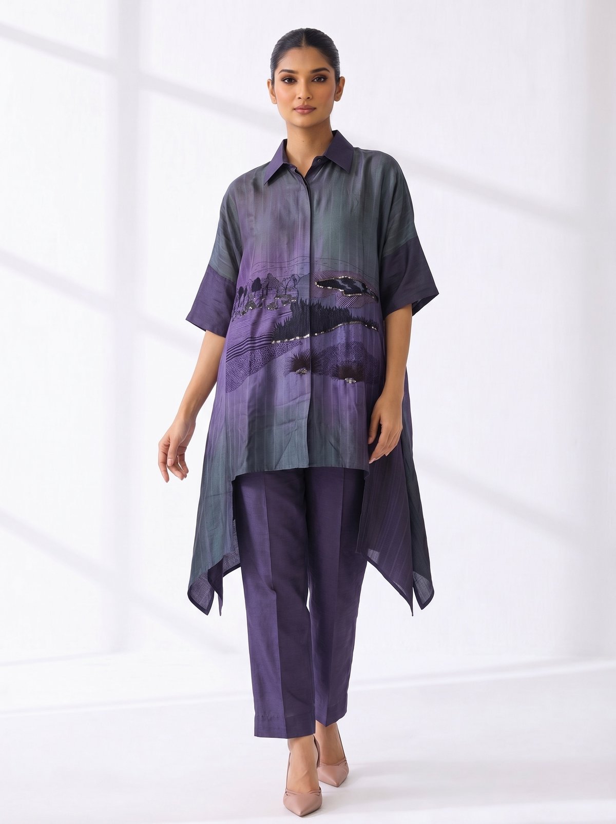 Purple Printed Collared High-Low Kurta Set with Pants