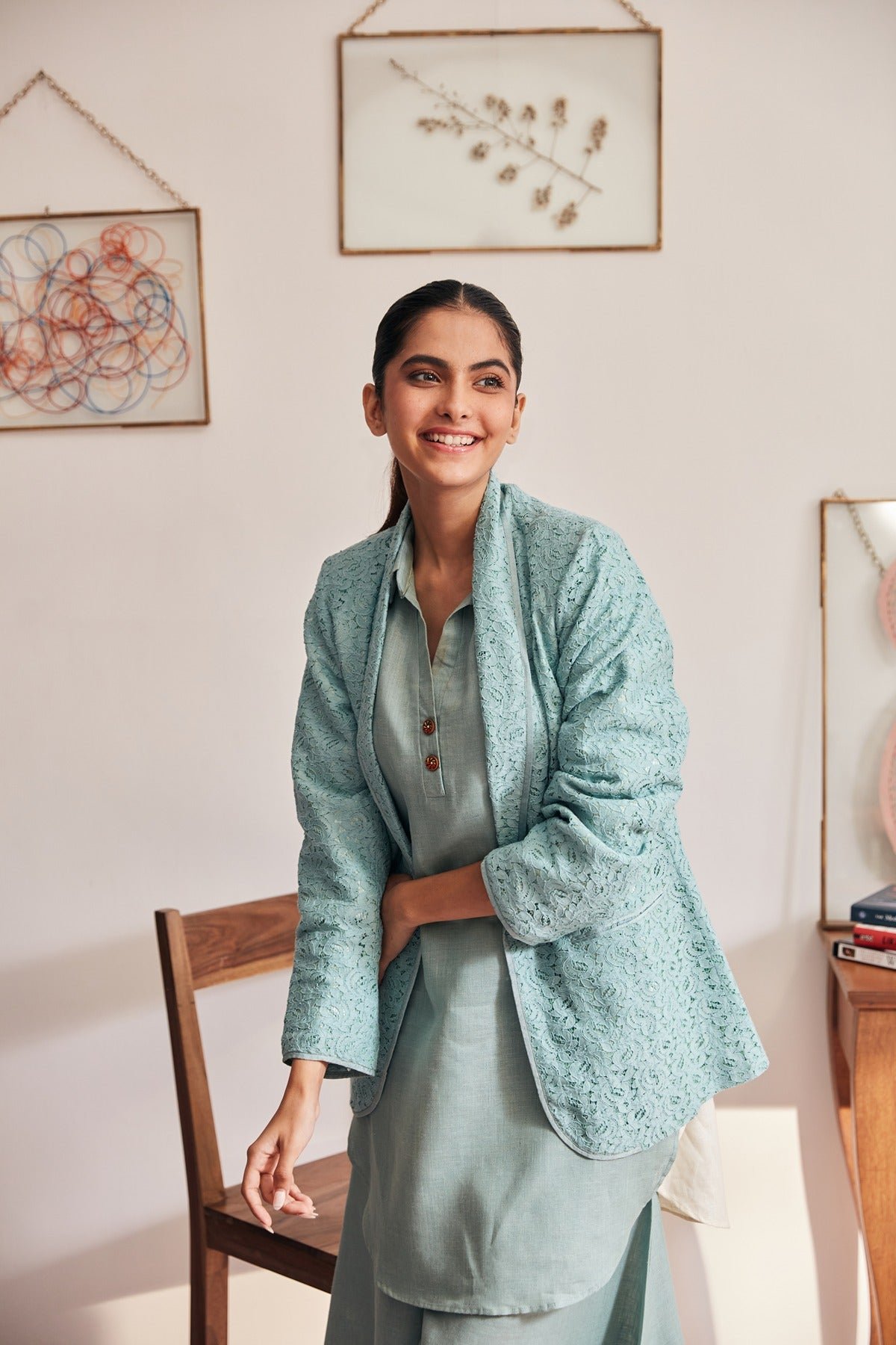 Sea Green Sheer Lace Coat with Lapel Collar