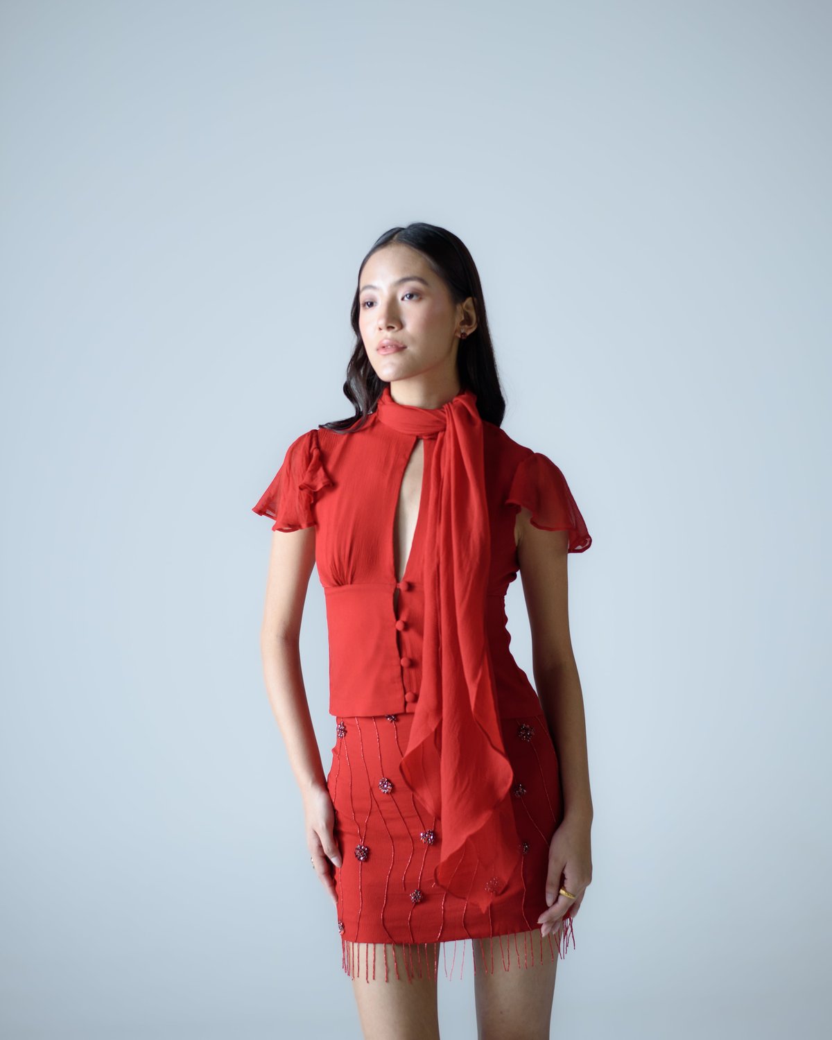 Red Silk Chiffon Top with Attached Scarf Detail