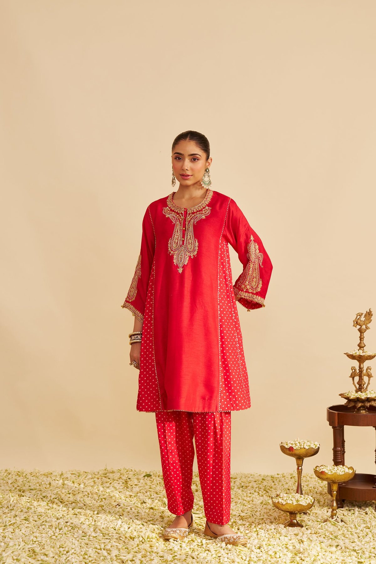 Red Upada Silk Embroidered Chauga Kurta Set with Salwar