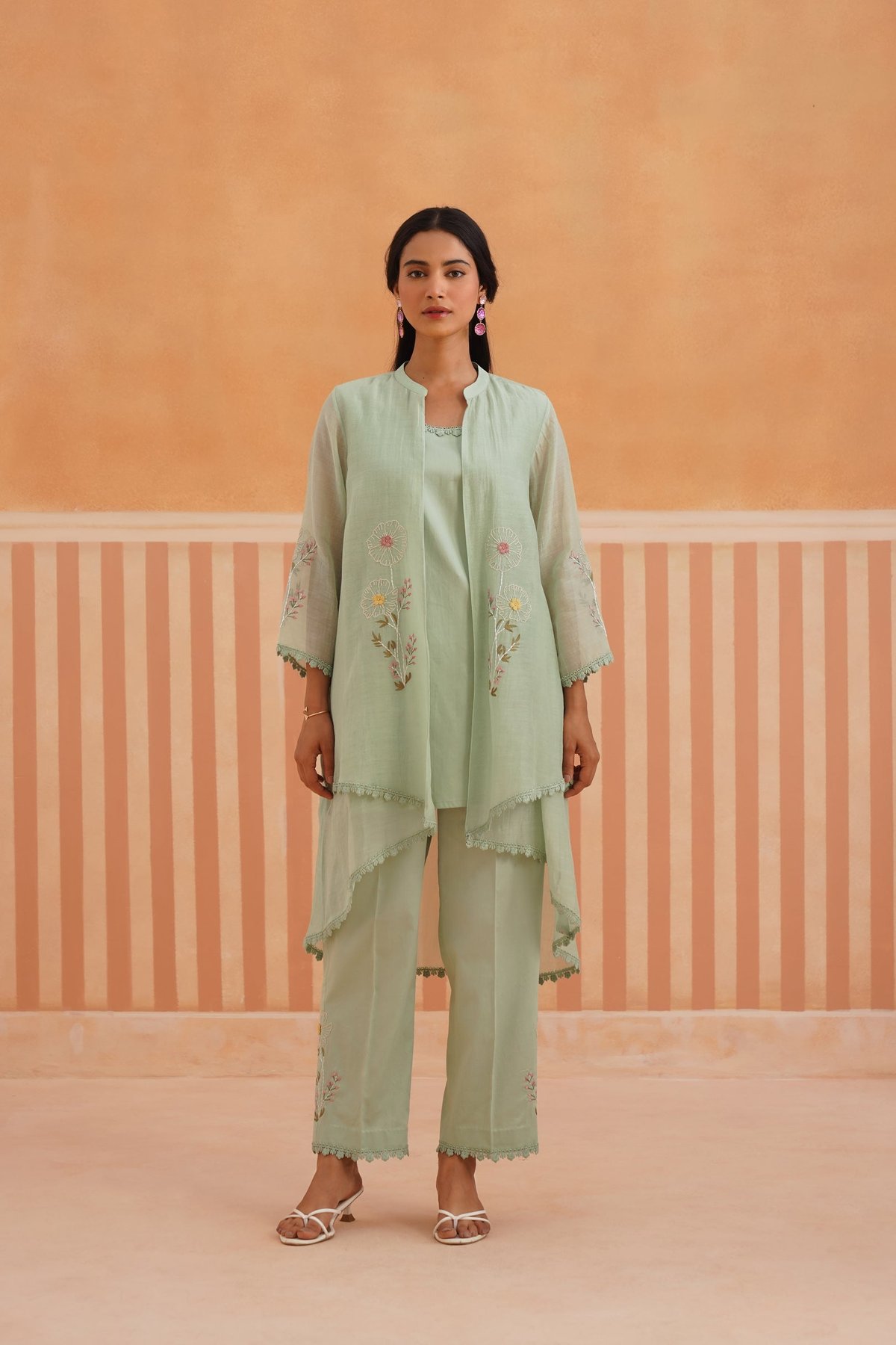 Sage Green High-Low Embroidered Jacket Co-ord Set